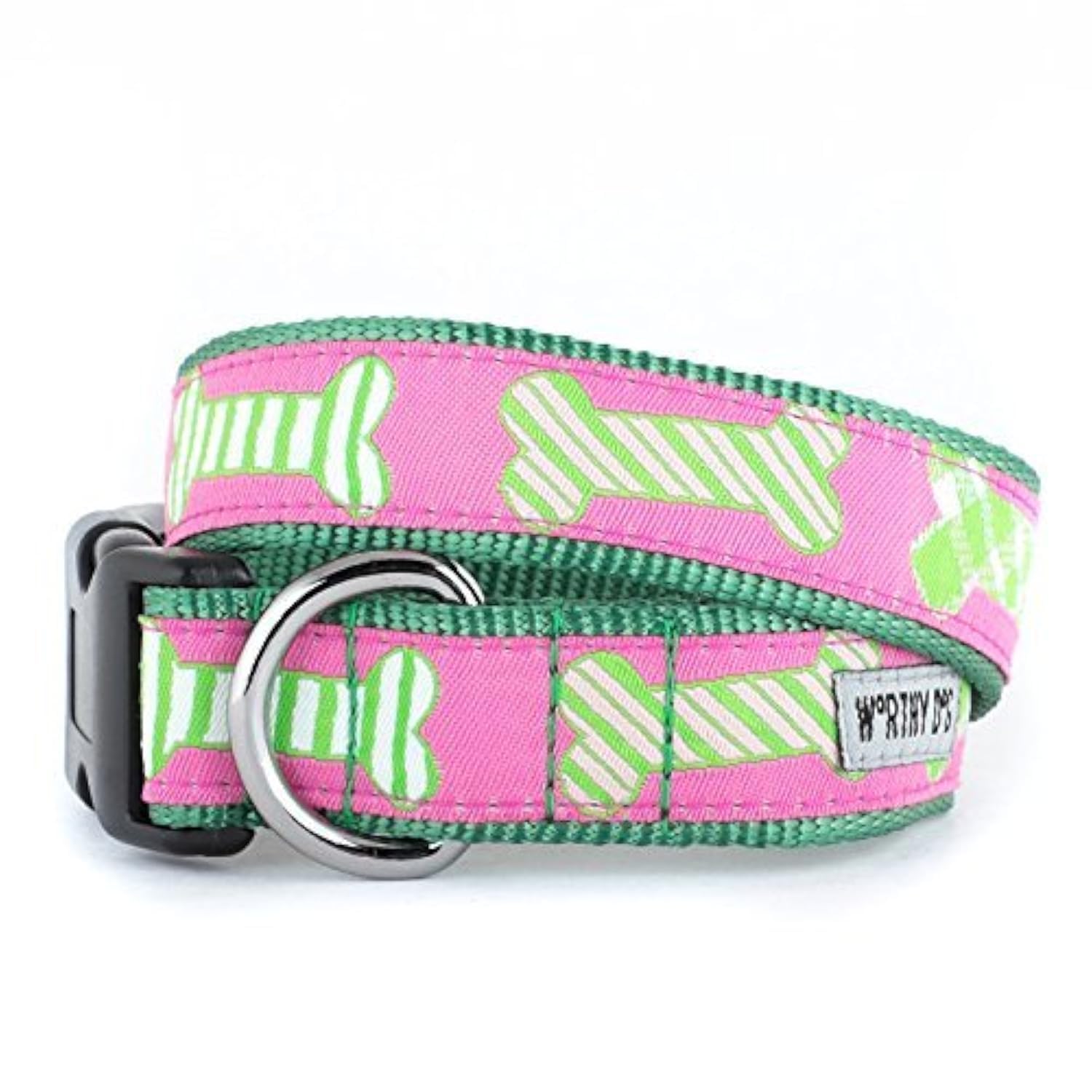 The Worthy Dog Preppy Bones Designer Adjustable and Comfortable Nylon Webbing, Side Release Buckle Collar for Dogs - Large Dogs, Pink Color