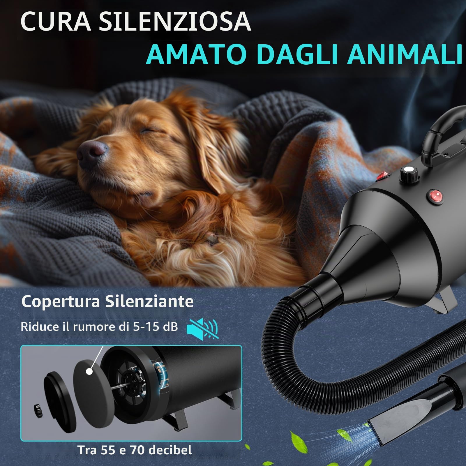 Soffiatore per Cani Blower Molto Silenzioso, 5,2 CV/3800 W, velocità Regolabile, Ventilatore per la Cura del Cane con 4 Diversi ugelli, Tubo Elastico e Spazzola per la Cura (Nero)