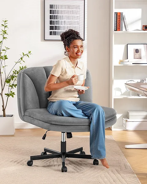 FelixKing Criss Cross Chair with Wheels, Cross Legged Office Chair, Armless Wide Vanity Desk Chair with 2 Layer Comfty Velvet & Back - Swivel for Home Office Bedroom, Gray Velvet
