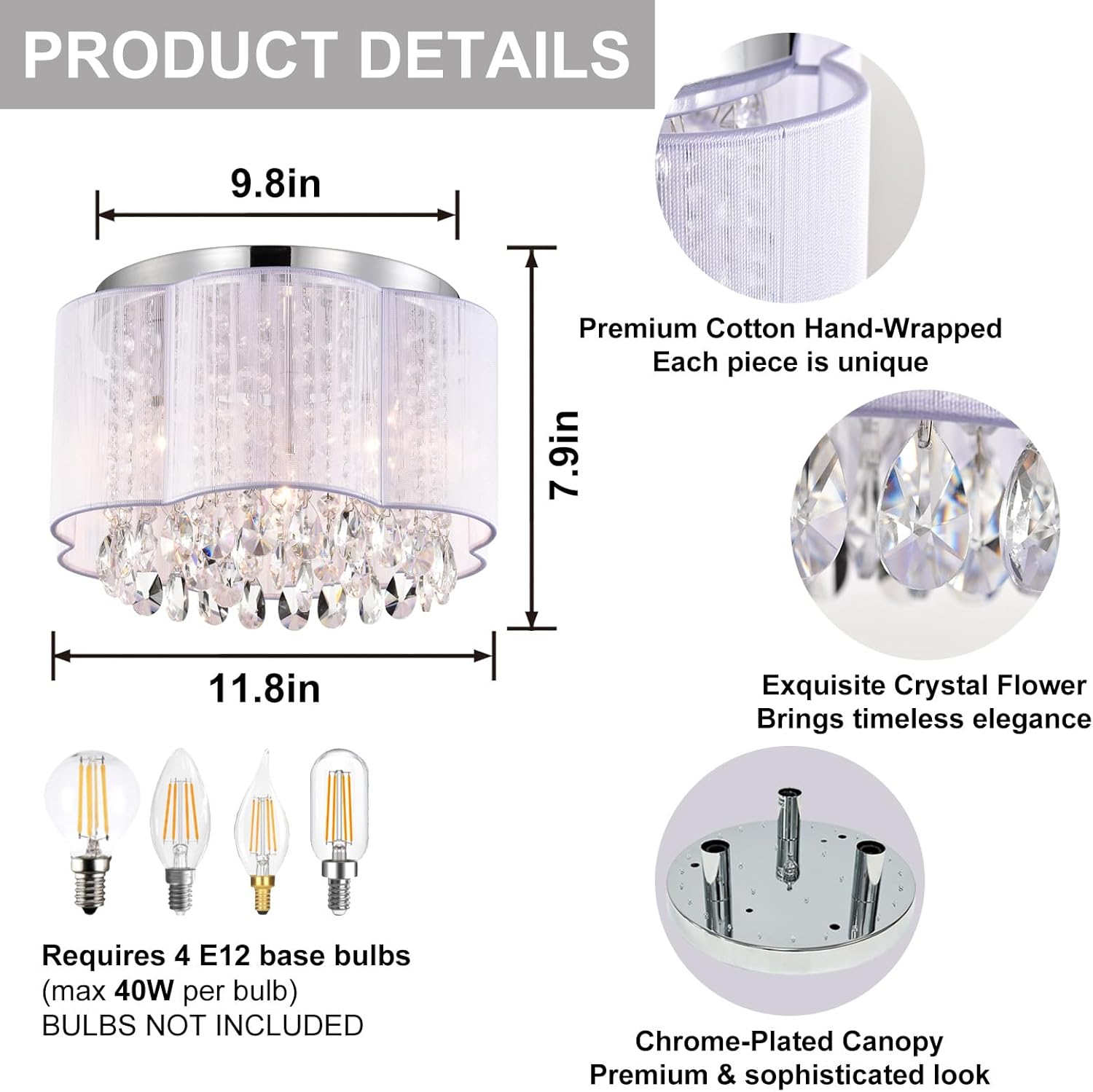 LaLuLa White Crystal Chandelier Ceiling Light 3-Light Flush Mount with Handmade Flower Lampshade, Mini Modern Chandelier for Girls' Bedroom, Nursery, Closet, or Kids Room Lighting Fixture