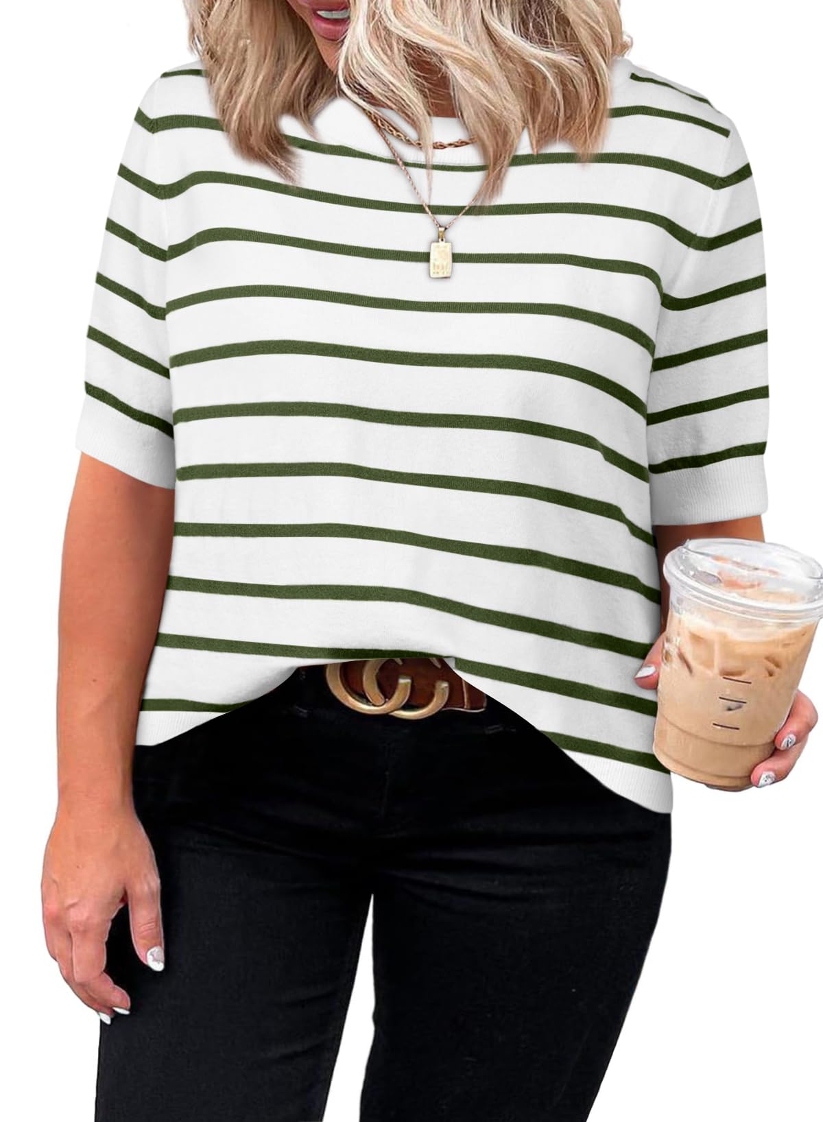 Eytino Women Plus Size Sweater Tops Short Sleeve Crewneck Striped Tshirts Casual Summer Blouses Shirts(1X-5X)