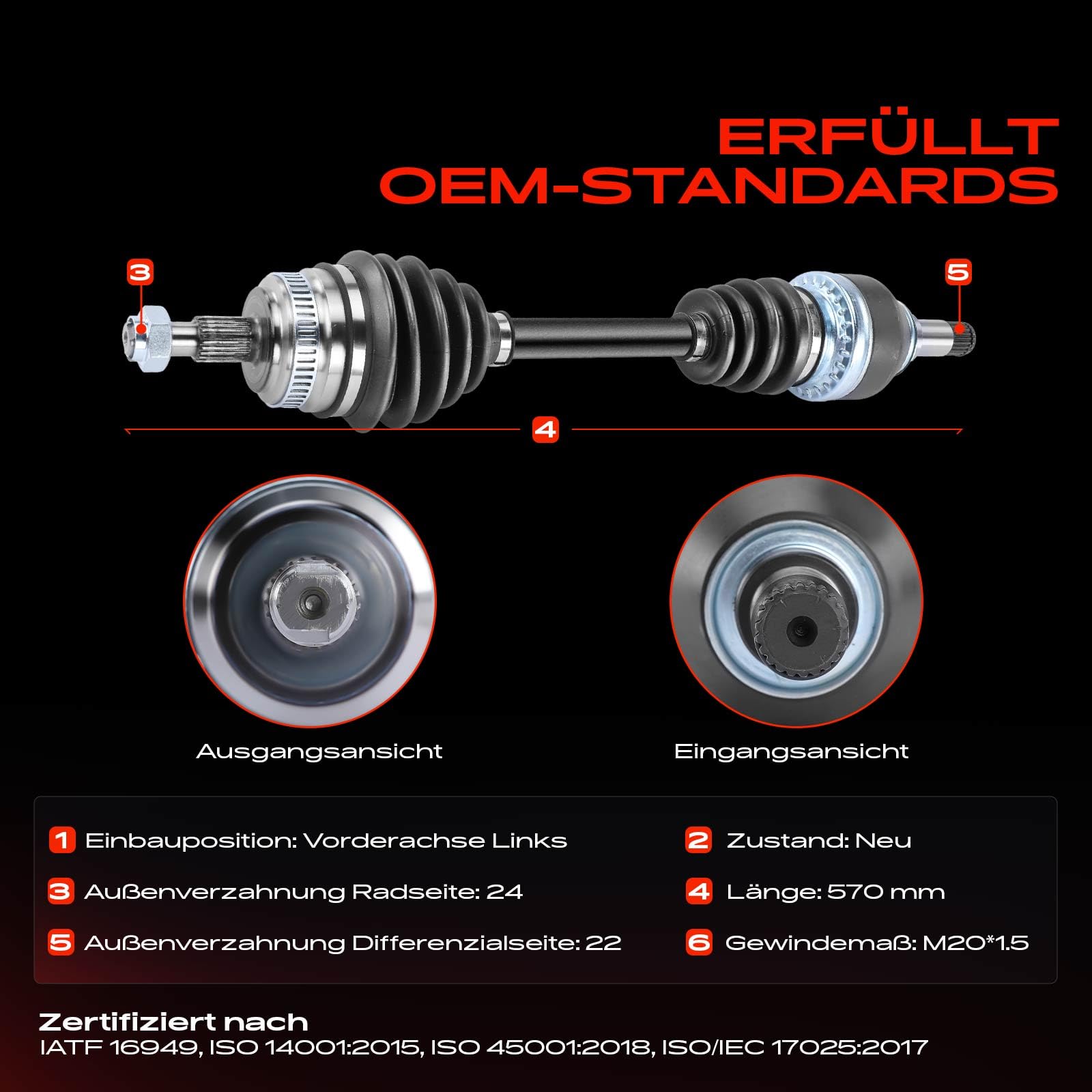 Frankberg Antriebswelle Achswelle Schaltgetriebe Mit ABS Ring Vorderachse Links Kompatibel mit A-Klasse W168 A140-A210 Vaneo 414 1.6 1.7 CDi 1.9 Replace# 18-141051