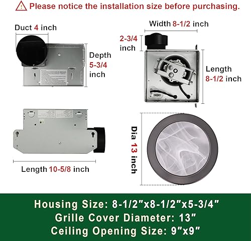 Miniatura 3 de Akicon Extractor de baño ultra silencioso con luz LED 80CFM 2.0 Sones redondo ventilador de ventilación de baño con cubierta de vidrio esmerilado