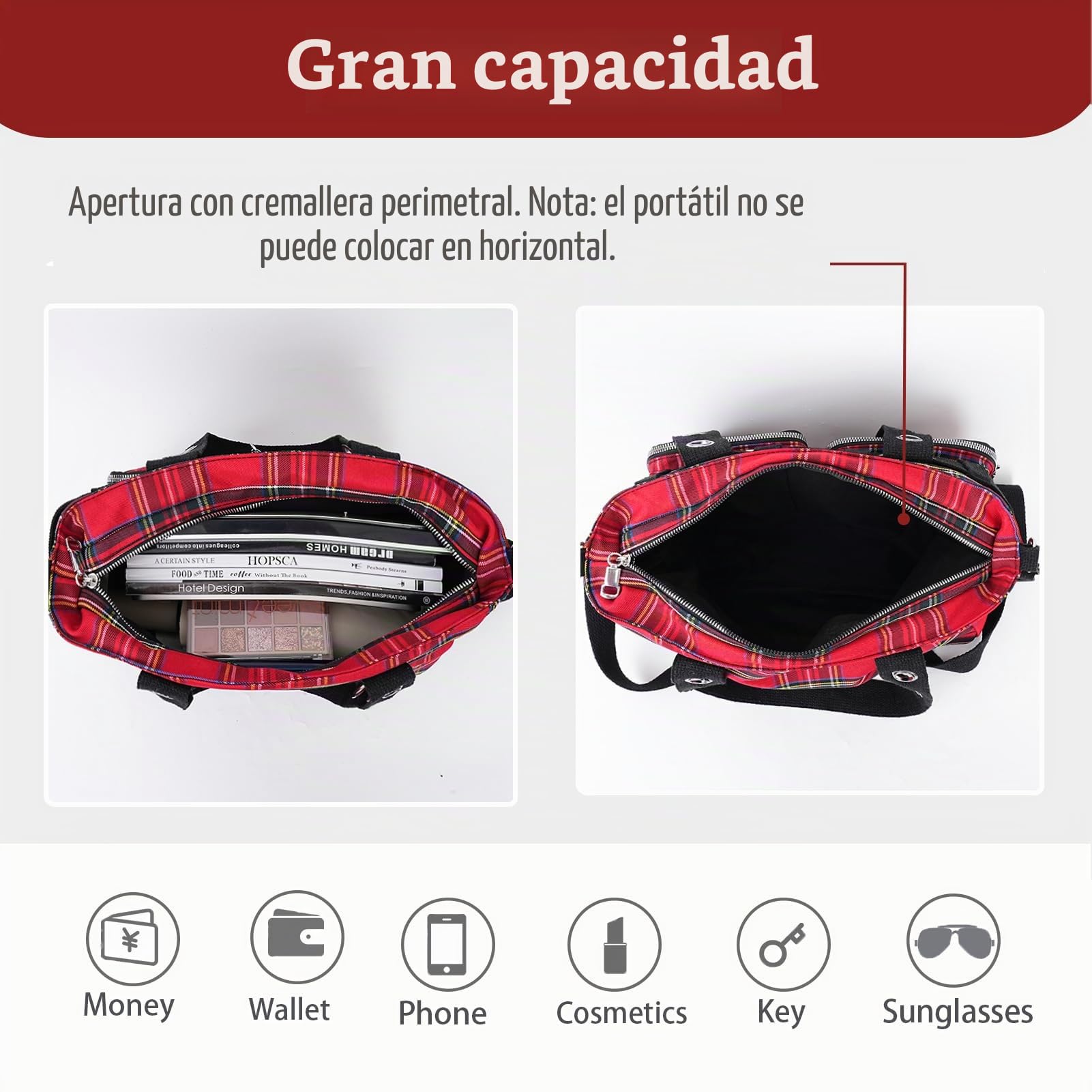 Bolso de bandolera para mujer Bolso de mano gótico Y2K Bolso de hombro de diseño de cuadros Gran capacidad Oficina Trabajo Viaje Compras Duradero