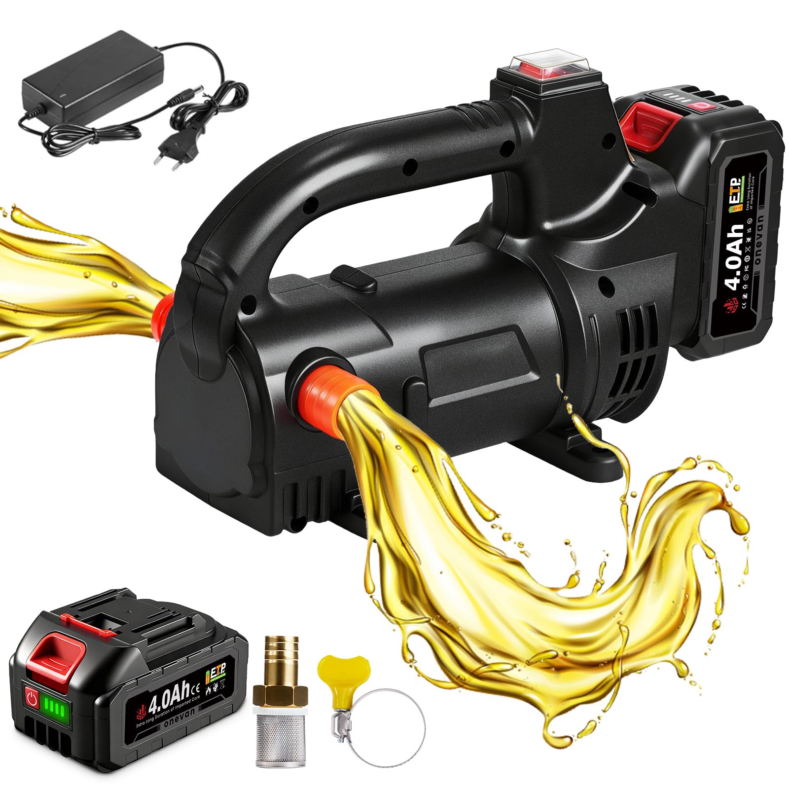 ONEVAN Pompa diesel a batteria con batteria da 4000 mAh e caricabatterie, 40 l/min, pompa ad olio elettrica portatile senza fili, universale per camion e barca