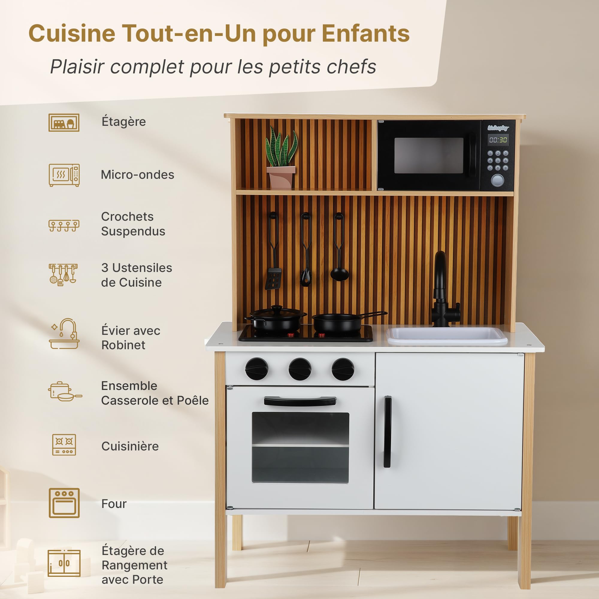GS0070 Cuisine pour Enfant en Bois avec lumière et Son – Cuisine de Jeu avec Accessoires, cuisinière, Four, évier, Micro-Ondes – Cuisine Moderne en Bois pour Enfants à partir de 3 Ans