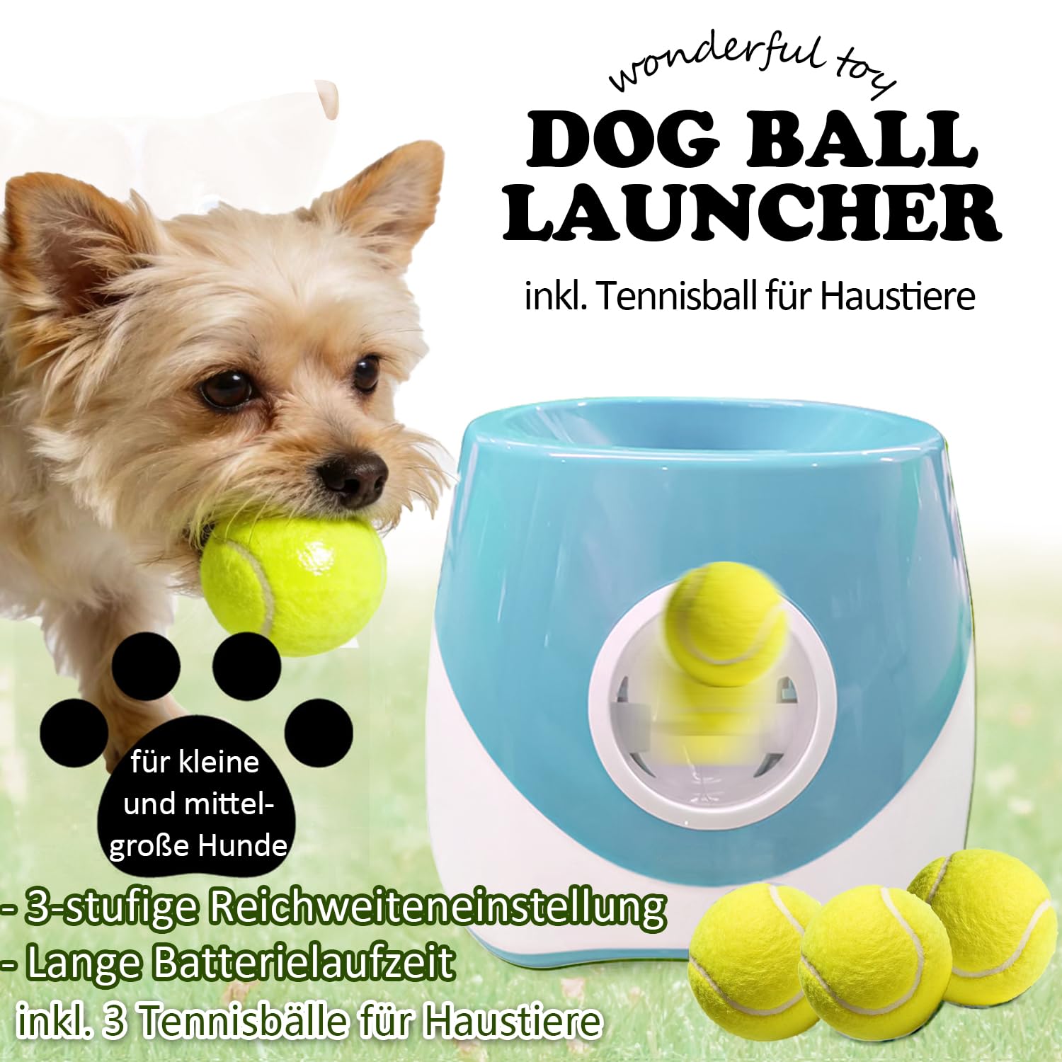 kurflo Automatischer Ballwerfer für Hunde, Automatischer Ballwurf, inkl. 3 verbesserter ETPU-Bälle, 3 Wurfweiten, Automatisches Auffangen, Ideal für Kleine, mittele Hunde Größe M (Weiß-Blau)