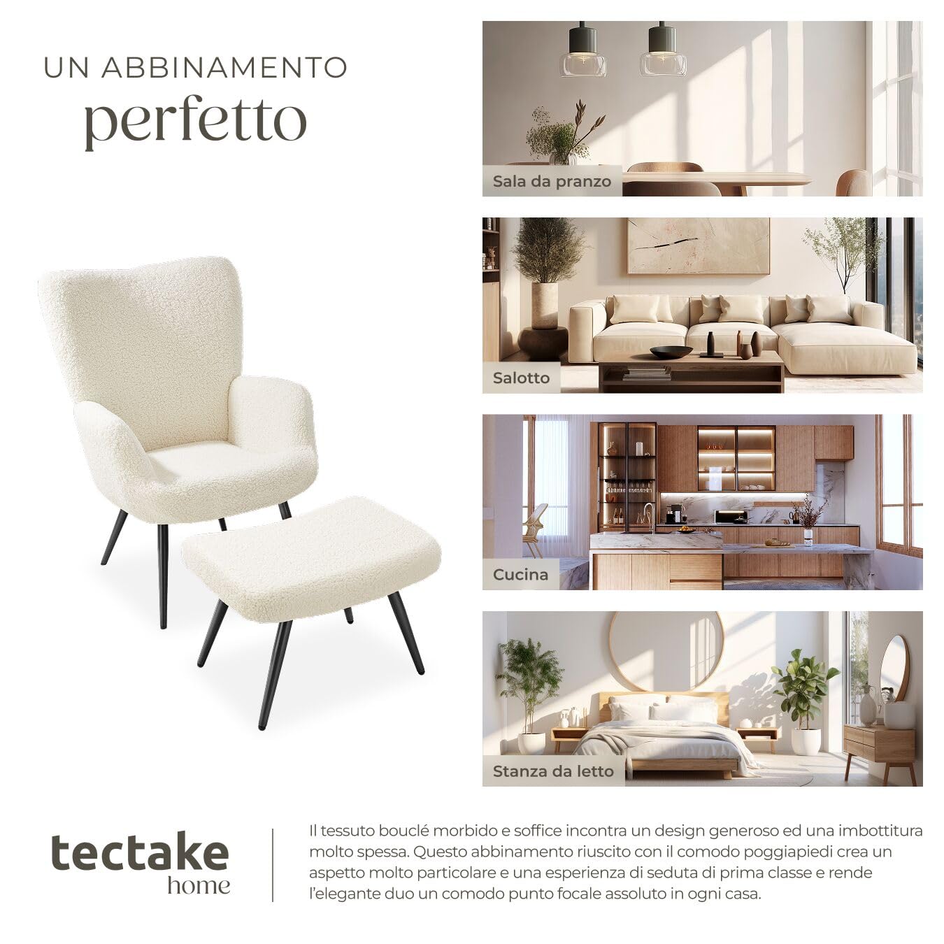 tectake® Poltrona Imbottita, Poltrona Ergonomica con Schienale e Braccioli, Poltrona Camera da Letto, Poltrona Salotto Moderna, Carico Massimo 150 kg - con Pouf, Bouclé, Crema/Nero