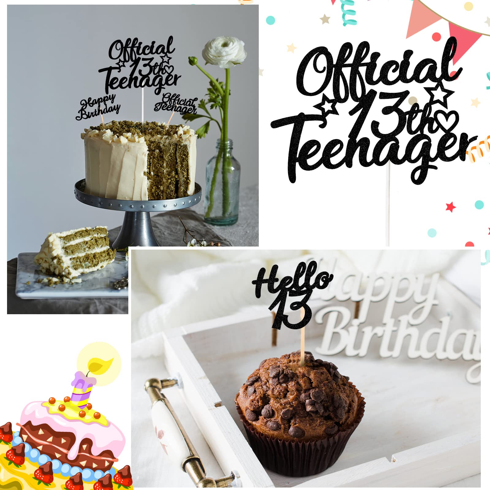 Topper Torta 13 Anni 'Official Teenager' In Carta Glitter Oro E Nero - Decorazione Festeggiamento - Foto 3