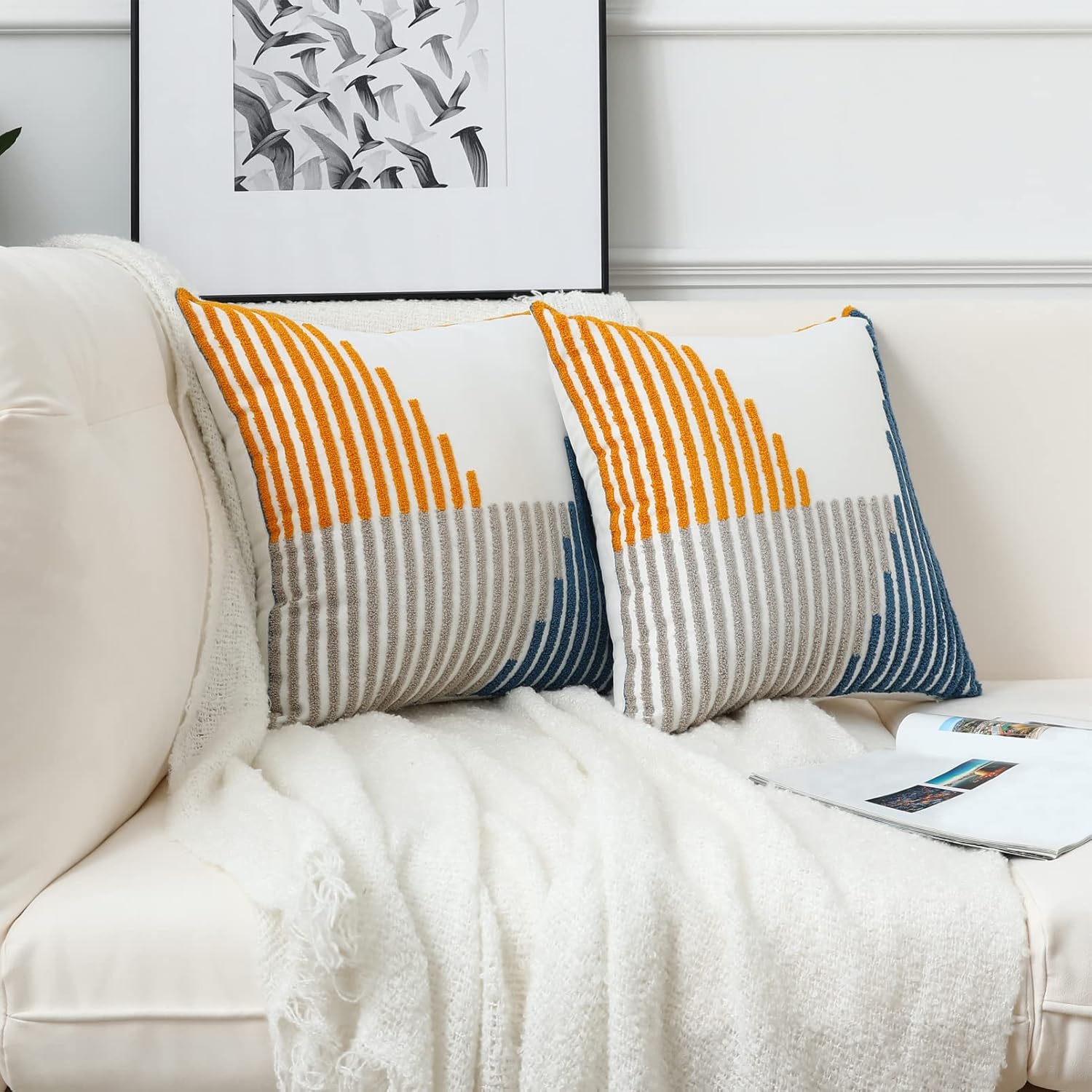 Boho Throw Pillow Covers 18x18 Pack of 2 Modern Striped Patchwork Farmhouse Pillow Covers Decorative for Couch Sofa Bed Outdoor Yellow and Blue Throw Pillow Covers