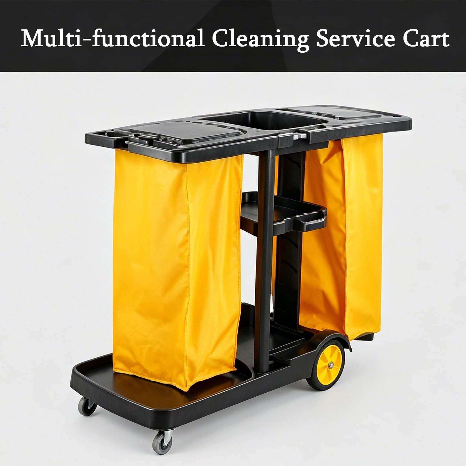 Carrito de limpieza comercial, carrito de limpieza multifuncional con ruedas equipado con dos bolsas de tela Oxford, carrito de suministros de limpieza y saneamiento para hotel, centro comercial
