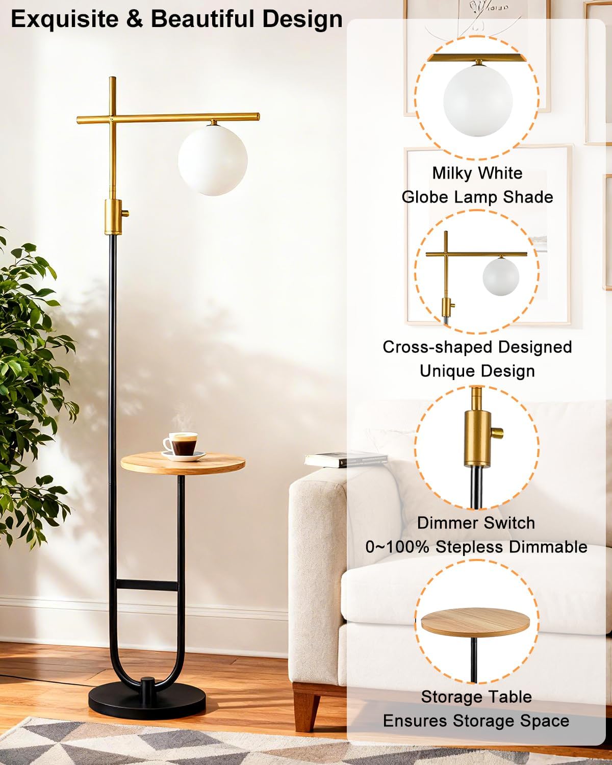 Floor Lamp with Shelves, Modern Standing Tall Lamp with Milky White Globe Lampshade, Cross-Shaped Lamp Head and U-Pole Base Style Floor Lamps for Living Room, 66IN Gold & Black Dimmable