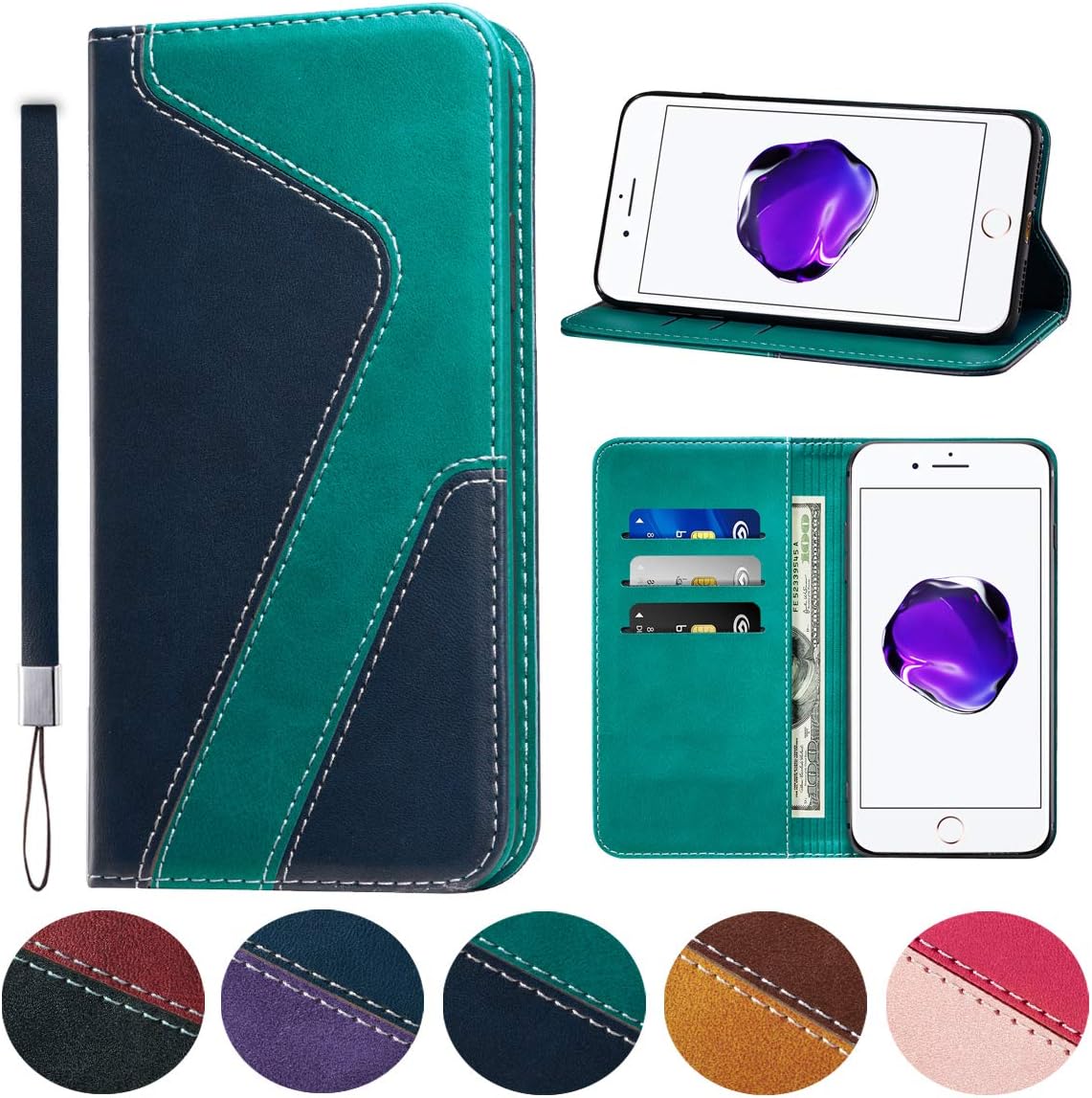 Huping iPhone 7 Plus/8 Plus Case, Leather Color Contrast Style Wallet Case with Card Holder Shockproof Flip Stand Cover For iPhone 7 Plus/8 Plus - Green