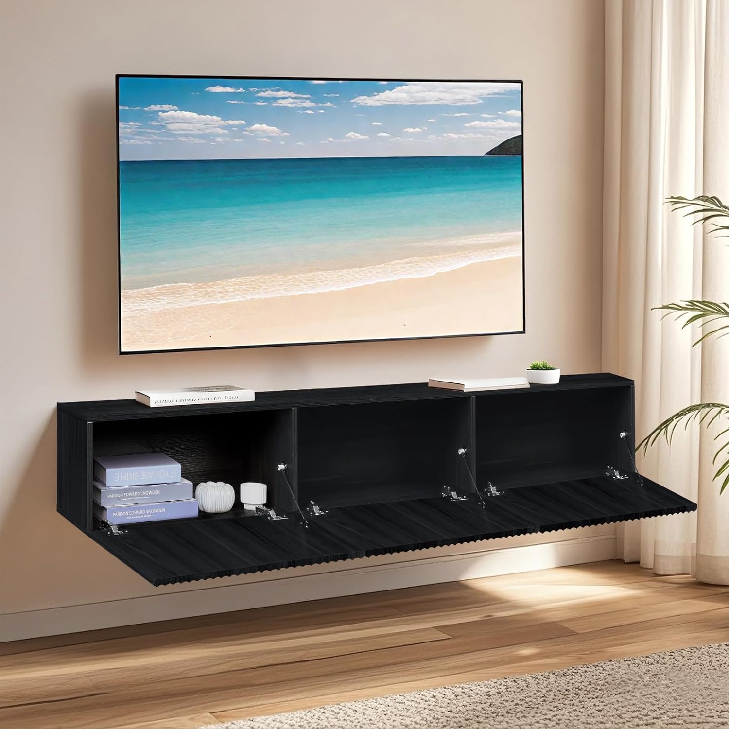 ZYBT Wall Mounted Floating TV Stand,70" Modern Floating Entertainment Center Media Console TV Shelf with 3 Fluted Flip -Down Doors and Cable Management for Living Room, Bedroom Black