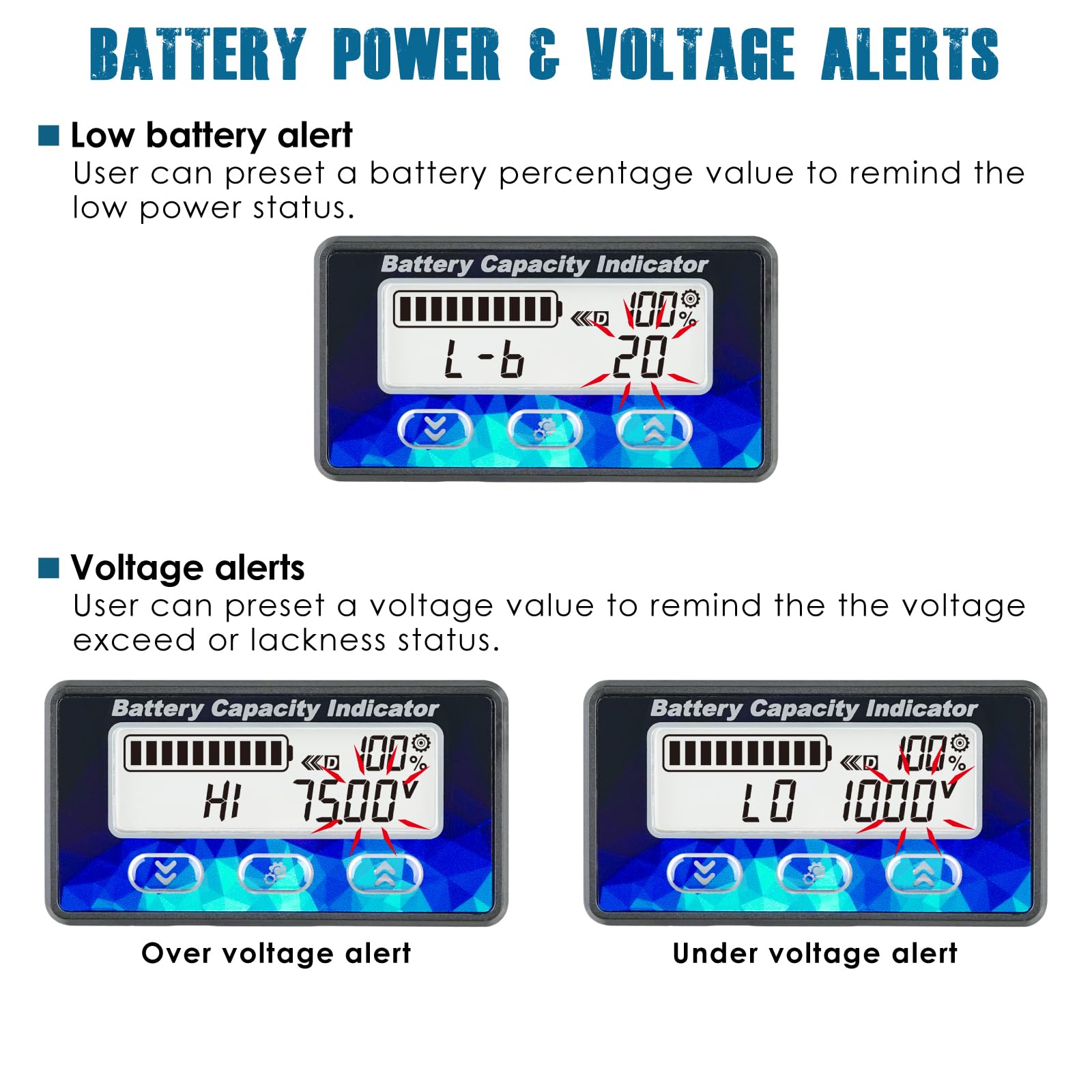 Runleader RL-BI050C Mini Monitor Batteria con Shunt 100A | Capacità Tensione & Contaore per DC 12V 24V 36V 48V LiFePO4 AGM GEL Piombo Acido Trojan Litio Camper Carrello Golf Bici