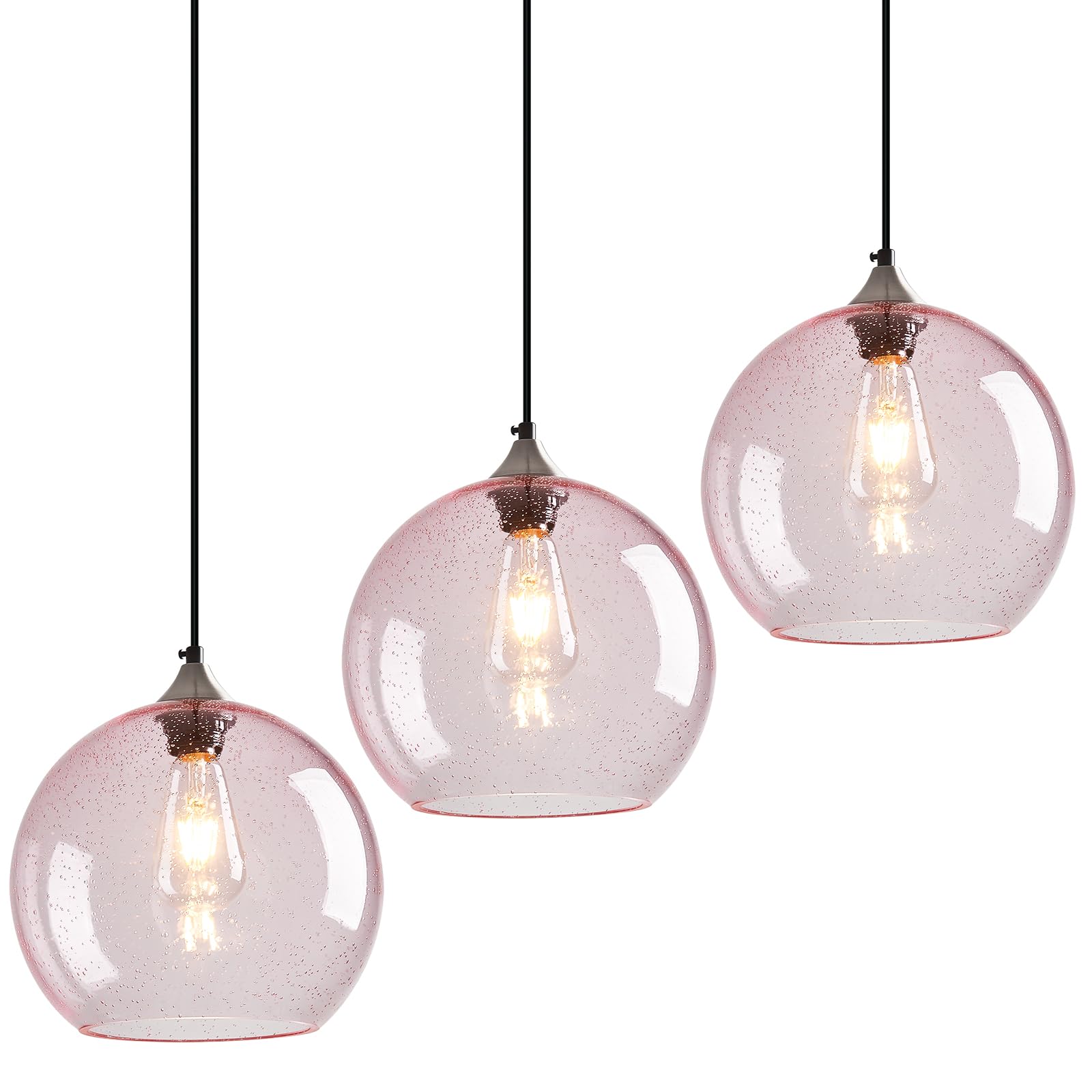 Pink Pendant Lights Kitchen Island 3 Pack, 9.84 in Seeded Glass Globe