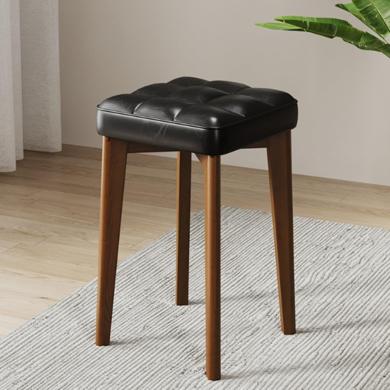 テーブルウェア木製スツールチェア 無垢材 ソフトシート ホーム リビング スクエア 無垢材張りスツール (グリーン)