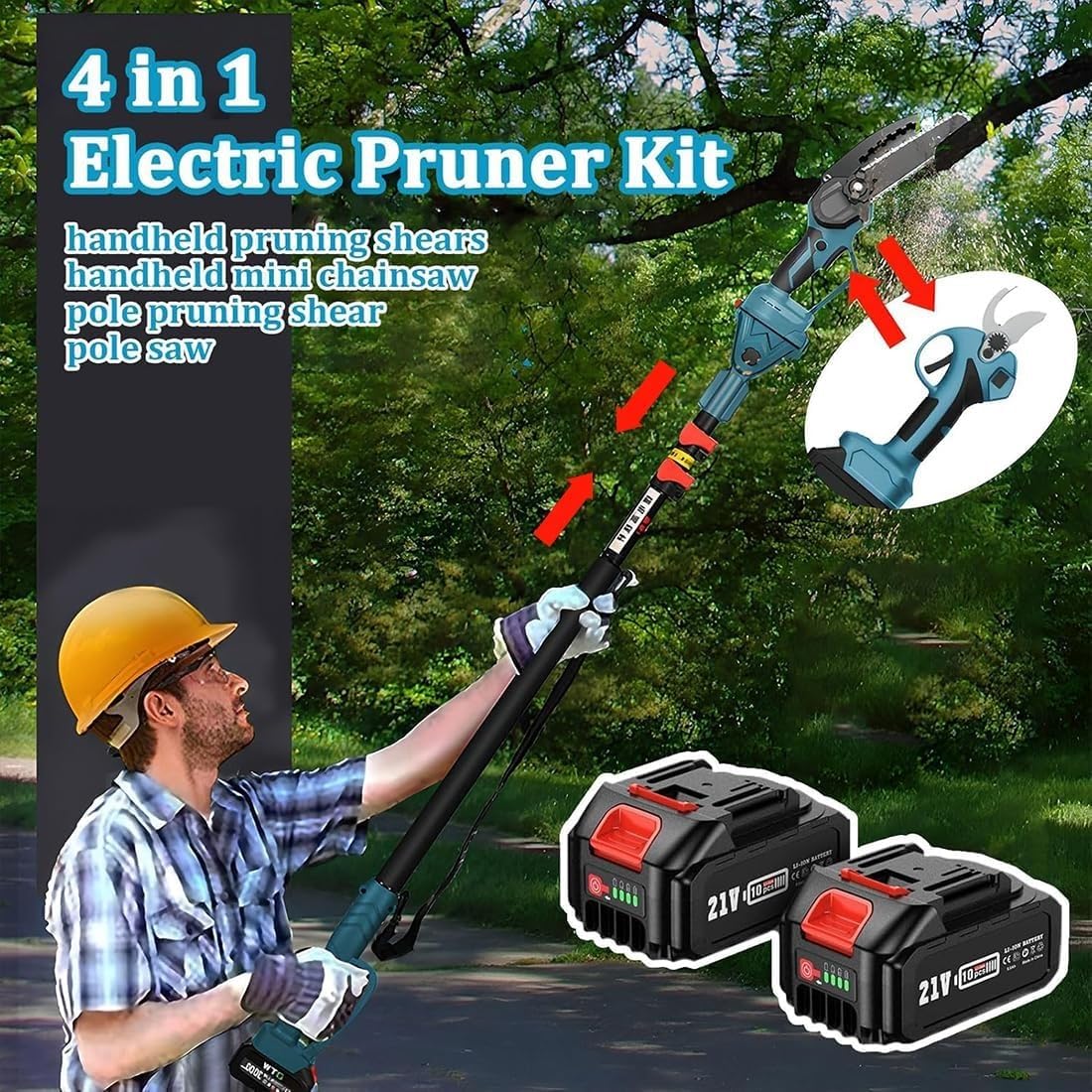 Tijeras de podar inalámbricas, eléctricas y Motosierra for podar árboles, con pértiga Extensible y 2 baterías, Kit de poda de Ramas, diámetro de Corte de 15 cm for Patio, setos, huerto y jardinería.