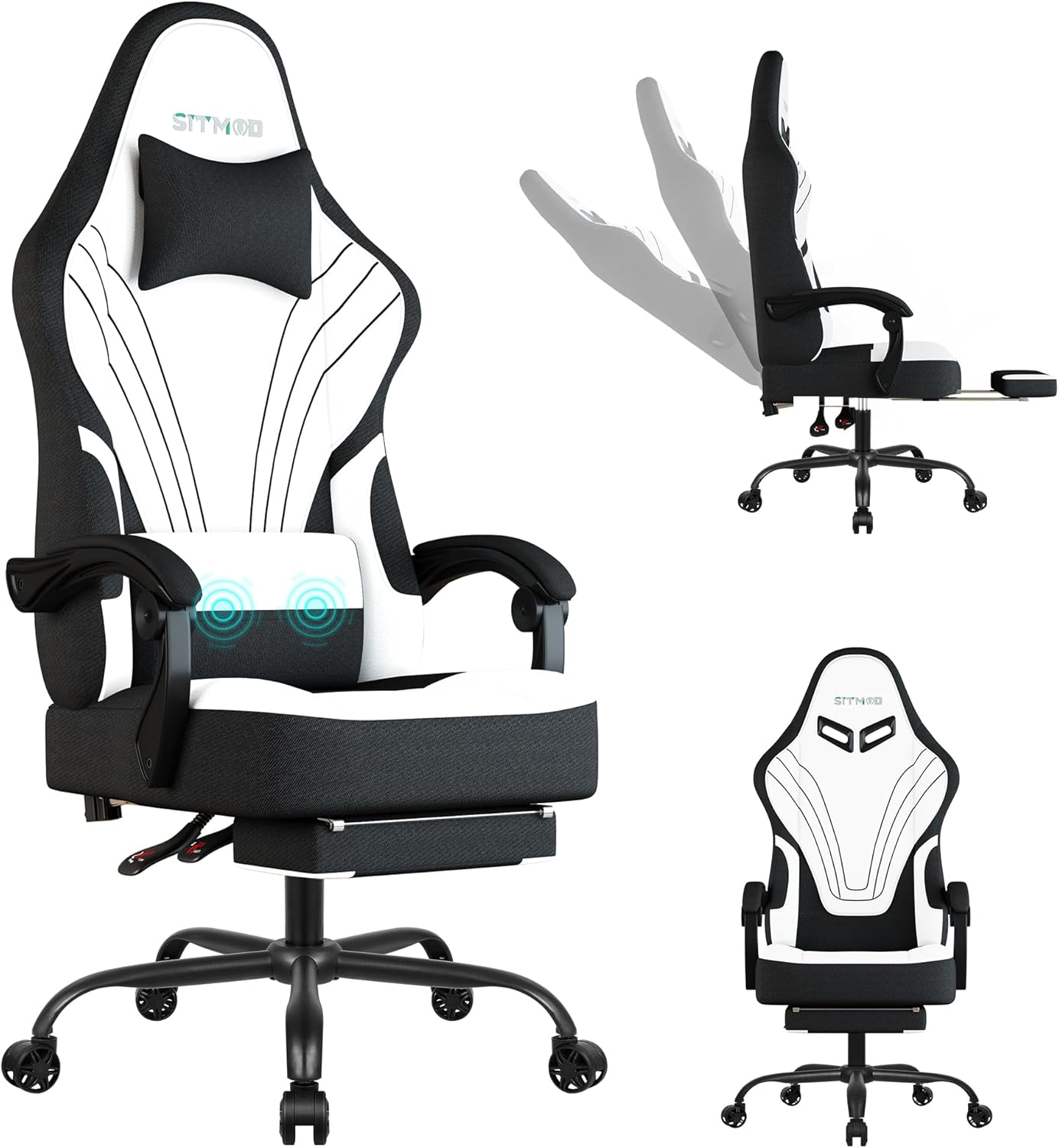 Gaming Chair, Ergonomic Computer Chair with Footrest, Big Tall PC Gamer Chair with Headrest and Massage Lumbar Support, 360° Swivel Height Adjustable Fabric Video Office Chairs for Adults (White)