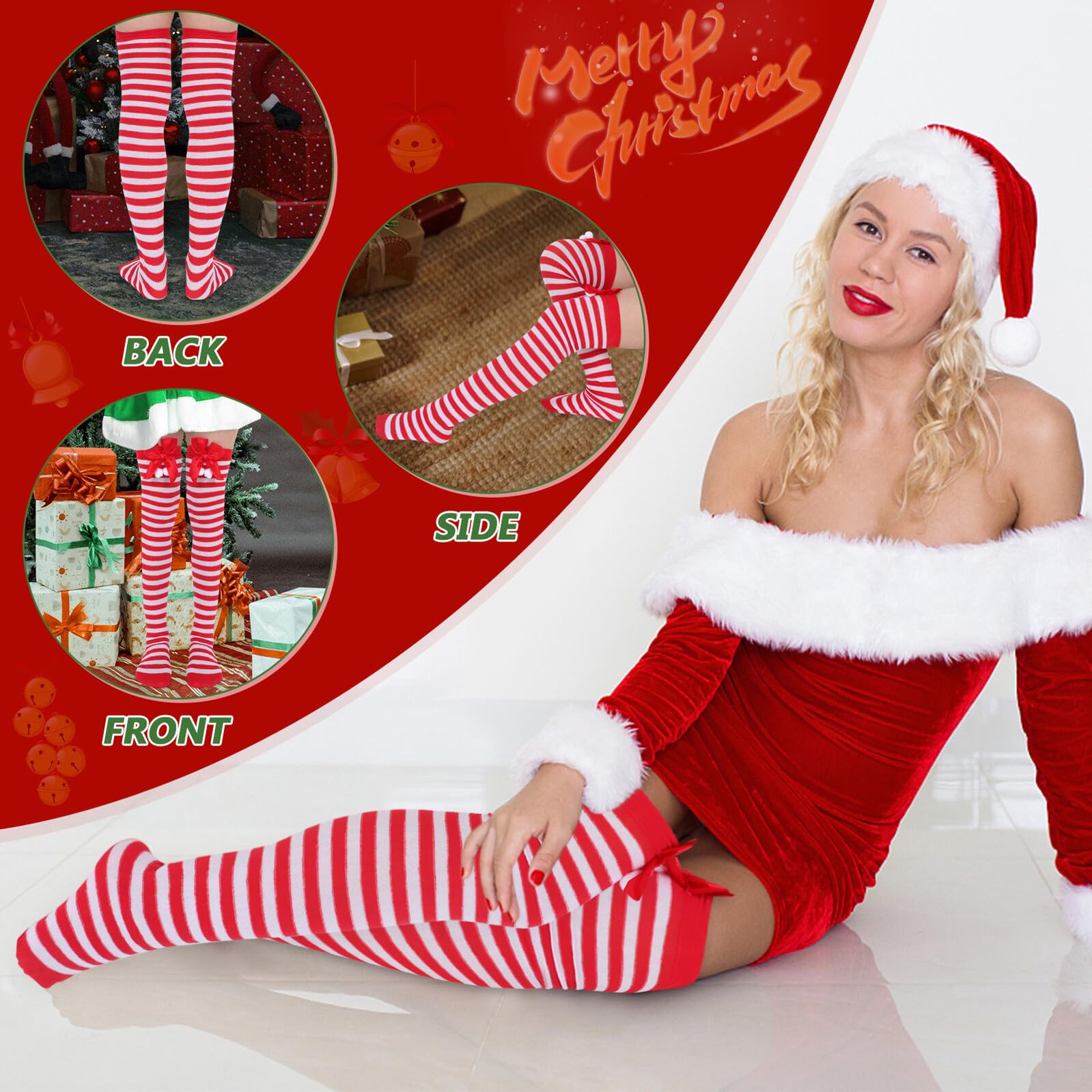 LIFKOME Chaussettes de Fête Hautes pour Femmes Bas de Noël avec Nœuds Décoratifs Respirantes et Confortables au Quotidien