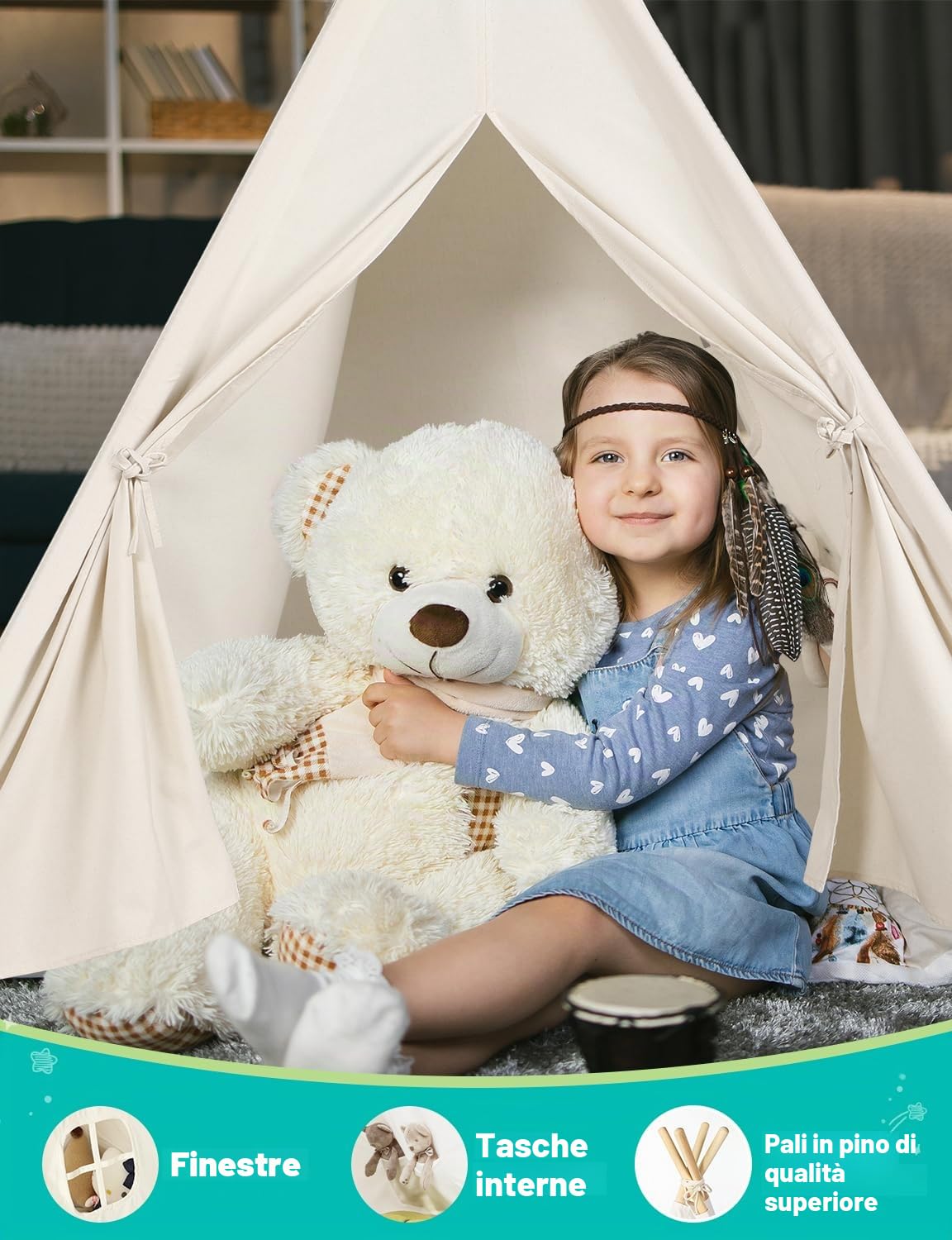 Tenda per bambini Wilwolfer con borsa per il trasporto, tenda in tela per bambini,
