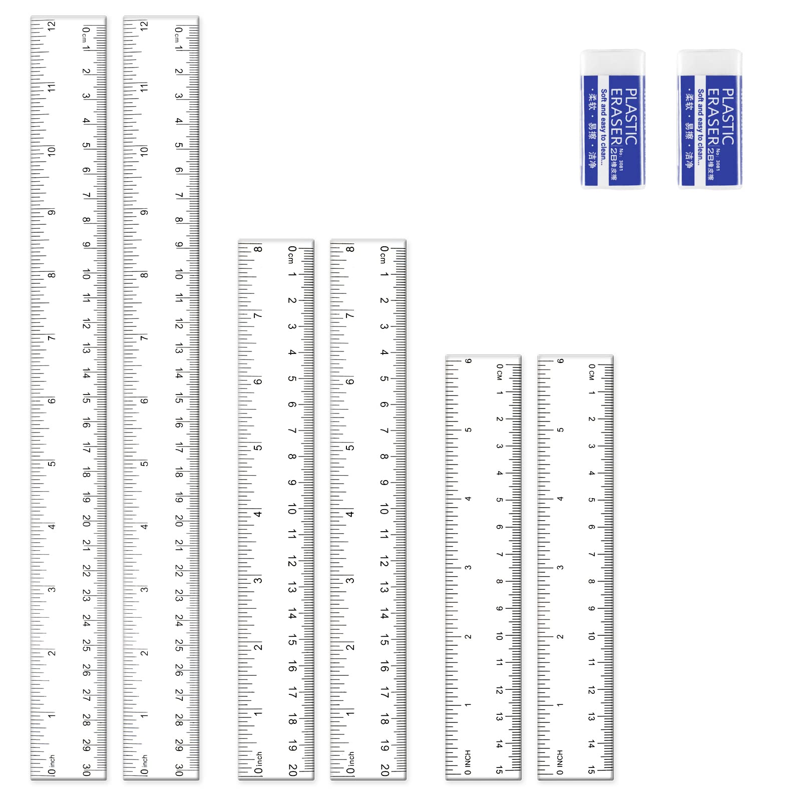 6 Pcs Ruler, 2 Each 6/8/12inch clear plastic rulers with 2 Erasers, Transparent Ruler Shatterproof Metric Rulers with Centimeters Straight Rulers for Kids School Stationery Office Supplies