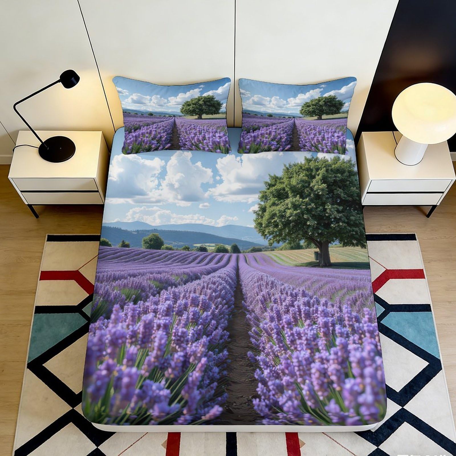 3D Printed Lavender Field Fitted Sheet Microfiber Durable Soft Blue Sky Bed Sheet for Bedroom Dormitory Guest Room Mattress Protection Decoration 160x200x25cm