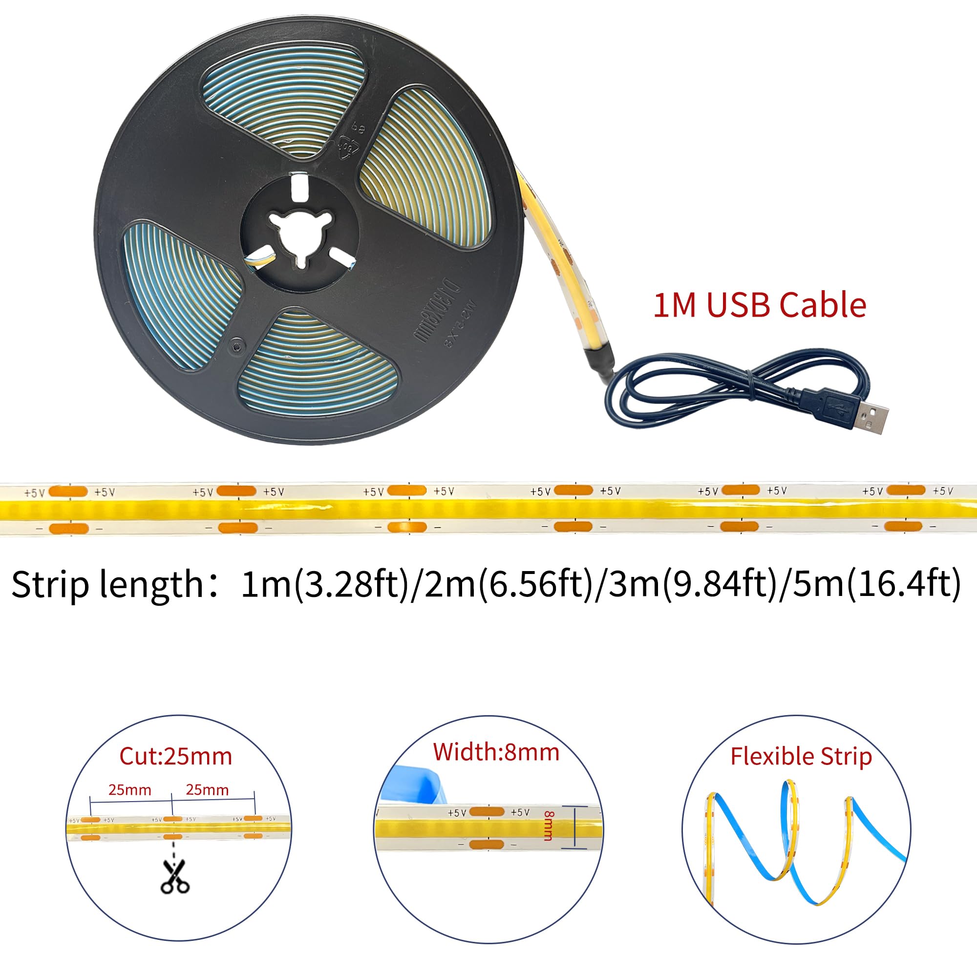 Amazon.com: Clearhill 5V 8mm Width USB COB LED Strip Lights