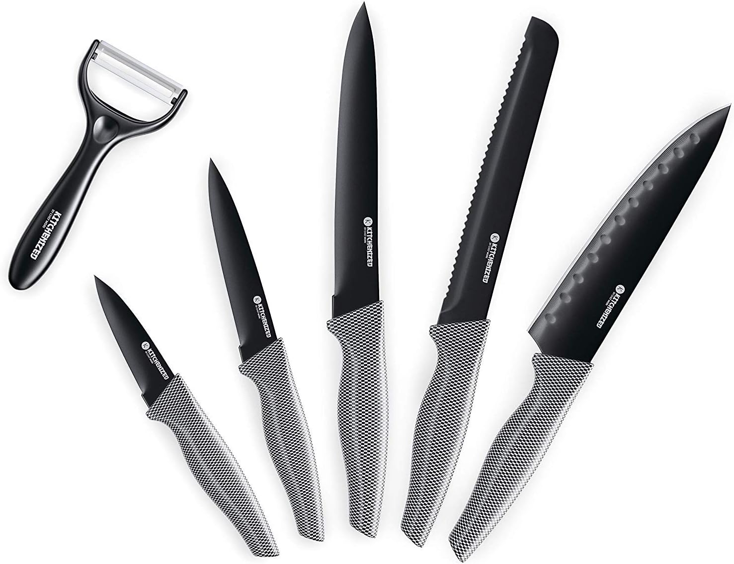 Kitchenized 5 Piece Knife Set with Bonus Peeler, Sharp Stainless Steel Blades and Carbon Fiber Design Handle, Rust proof, Stain Resistant, with Non-Stick Coating Knives