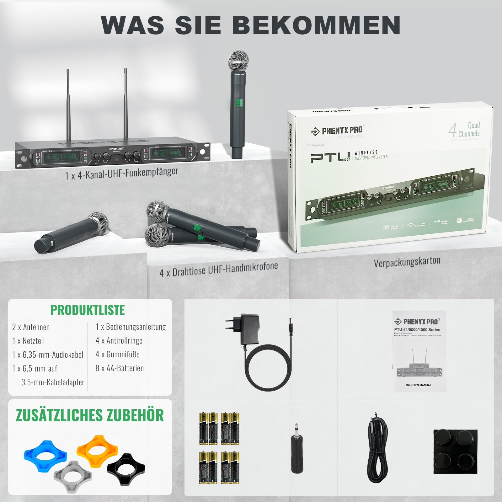 Phenyx Pro Mikrofon kabellos,4-Kanal Karaoke Mikrofon,Kabelloses Festfrequenz-Metall-Funkmikrofon mit 4 Handmikrofonen für Gesang, Kirche, DJ (PTU-5000A)