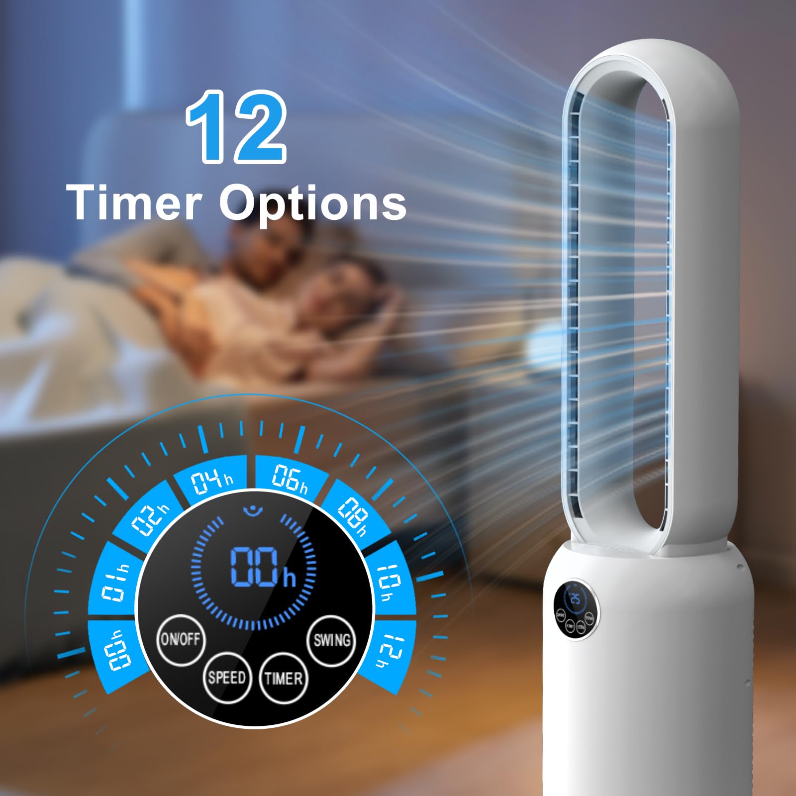 Ventilatore Senza Pale,Ventilatori a Torre Silenzioso 24 Velocità, Timer 12 Ore, Oscillazione 90°, Display LED e Telecomando, Portatile per Camera da Letto, Casa e Ufficio