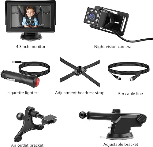 Miniatura 9 de Cámara de espejo trasero para bebé, asiento trasero infantil con visión nocturna HD de 4.3 pulgadas, soporte de ventosa reutilizable, cámara