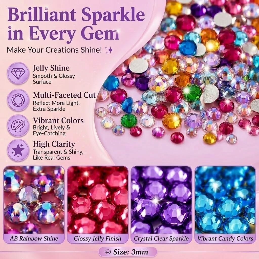 Bedazzling Kit 35000Pcs 3mm Flatback Rhinestones，40 Colors Jelly Resin Gems with 3Pcs B7000 Jewelry Glue for Clothes Crafts Shoes Decor