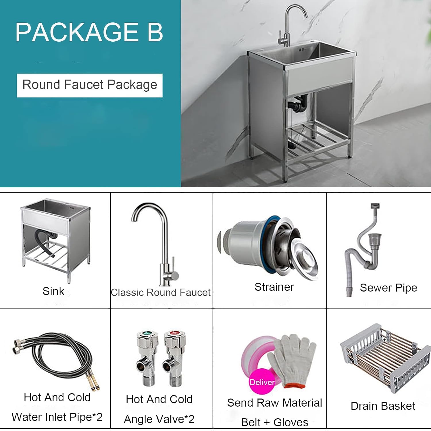 Freestanding Kitchen Station Basin w/Faucet,laundry room sink 1 Compartment Hand washing station,Double Bowl Stainless-Steel Kitchen Sink,Unit with Cold and Hot Water Tap for Outdoor. ( Size : 60*45*7