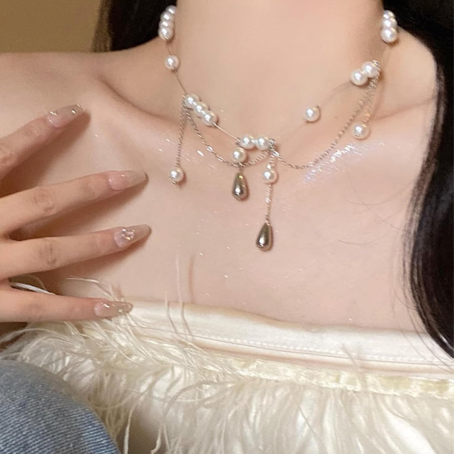 Pearl Beads Tassel Choker Necklace for Women,Charming Waterdrop Baroque Collarbone Chain Pendant Necklace Striking Wedding Prom Jewelry Gifts - Image 6