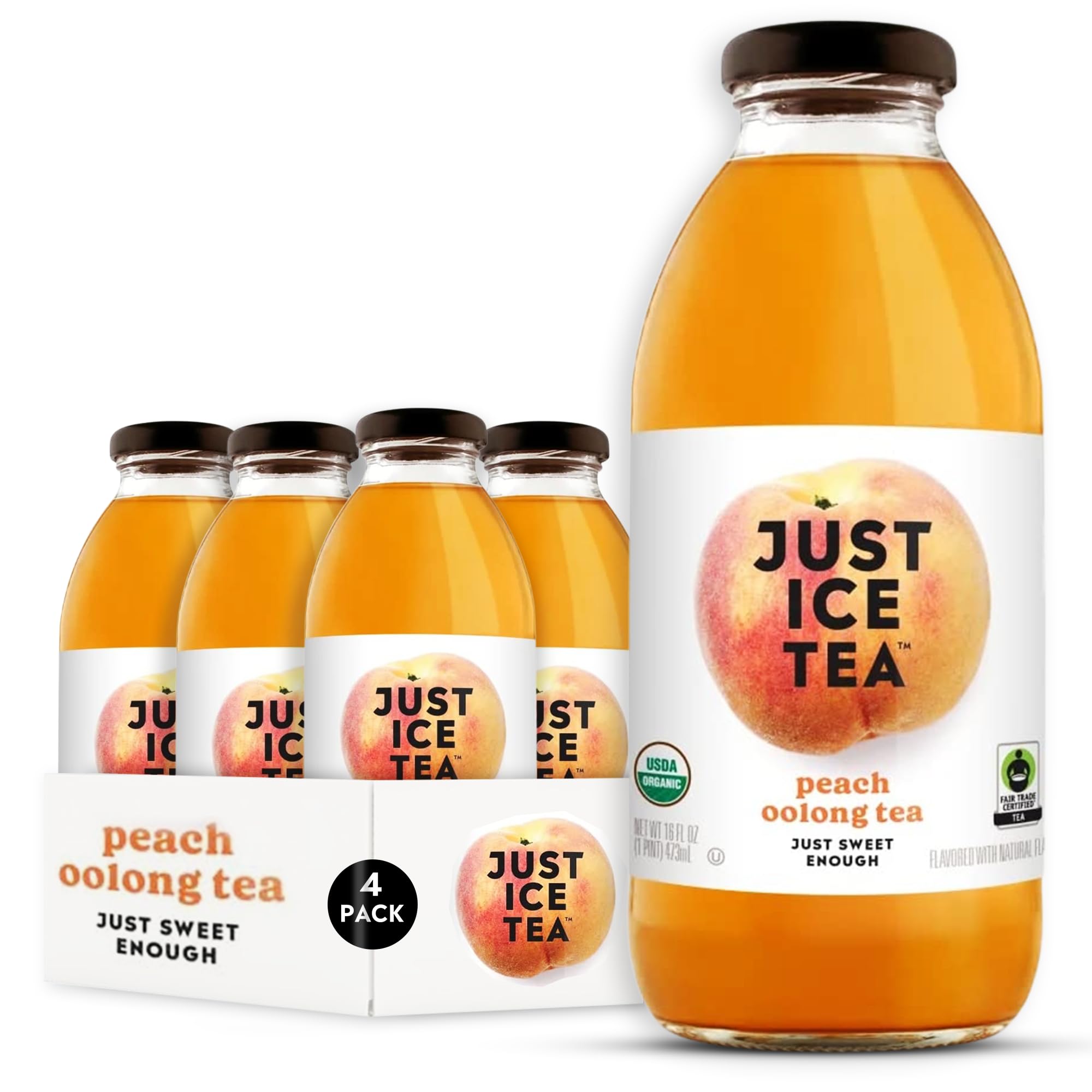 Just Ice Tea Organic Iced Tea, Peach Oolong Tea, 16 Fl Oz Glass Bottles (Pack of 4)