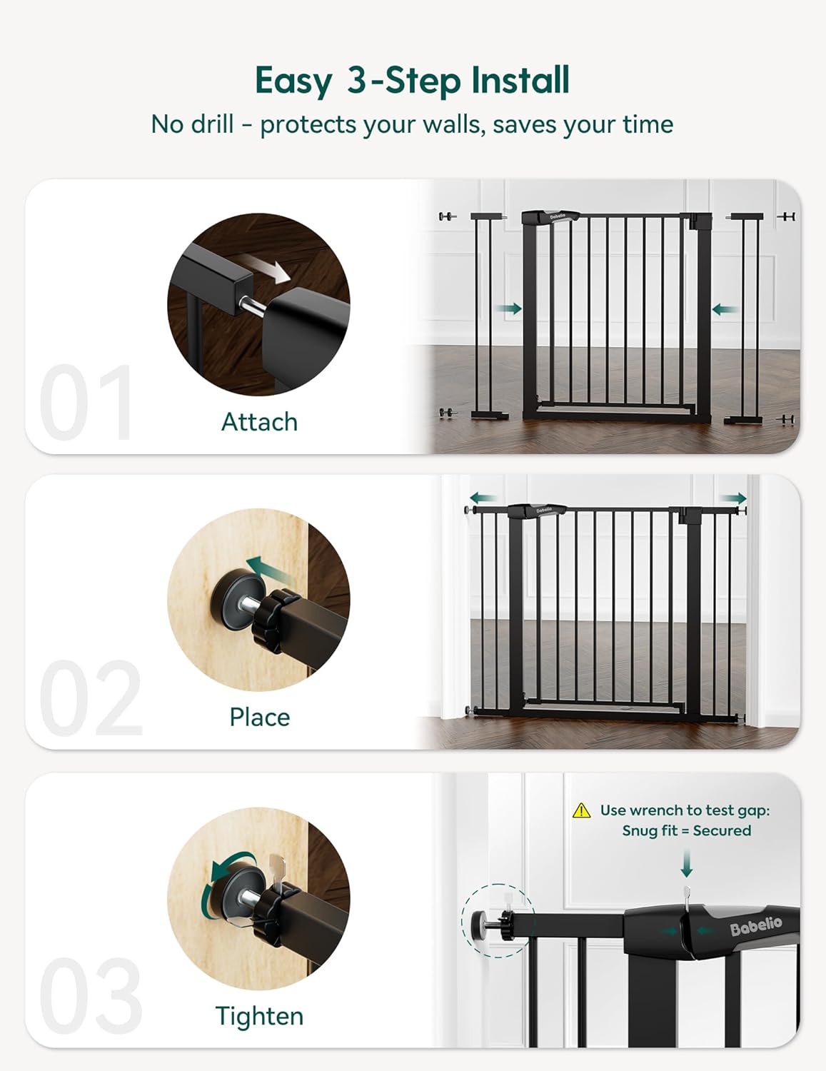 Babelio 36" Tall Baby Gate, 26-40" Wide Auto Close Pet Gate, PressGuard C5 Pressure Mounted Metal Dog Gate, Easy-Install No Drilling, No Tools Needed, with Wall Protectors and Extension Kits, Black