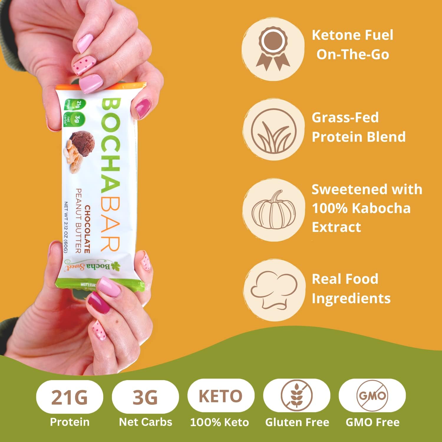 BochaSweet Keto Protein Bar, Chocolate Peanut Butter BochaBar, 21g Grass Fed Collagen, Low Carb, Keto-Friendly, Gluten Free