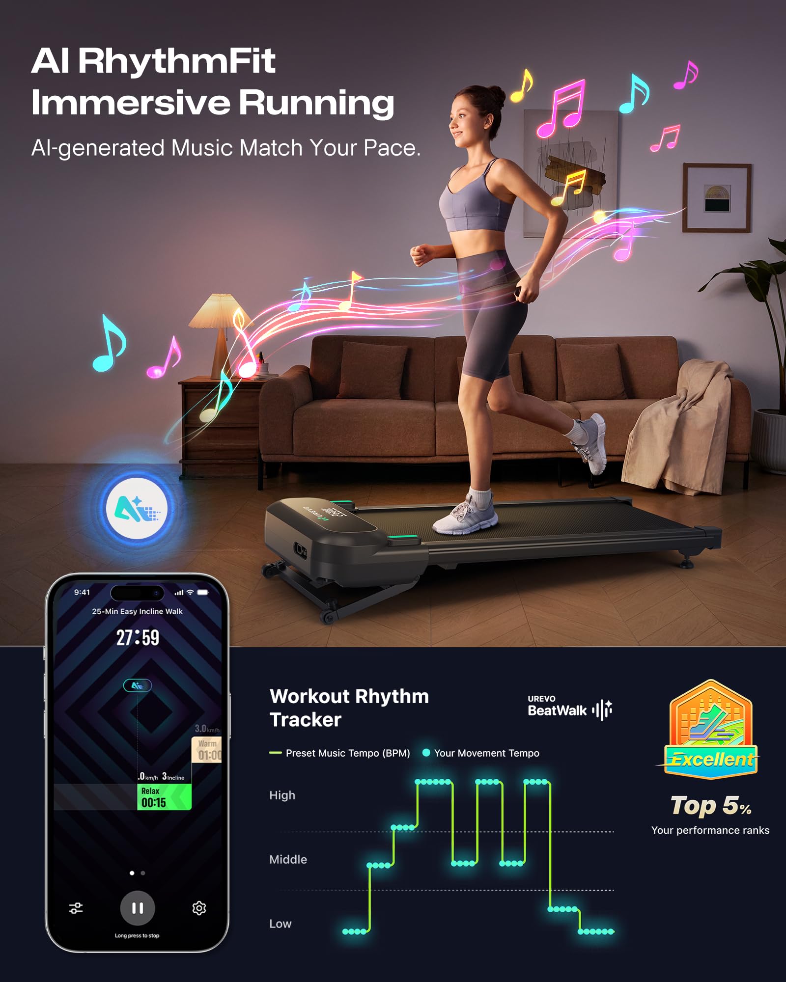 UREVO Tapis Roulant Elettrico 9% Inclinazione Automatica, 3 in 1 AI Intelligente Walking pad, 35 db Silenzioso Tapis Roulant da scrivania con Telecomando e LED per Casa e Ufficio, Capacità 136 kg
