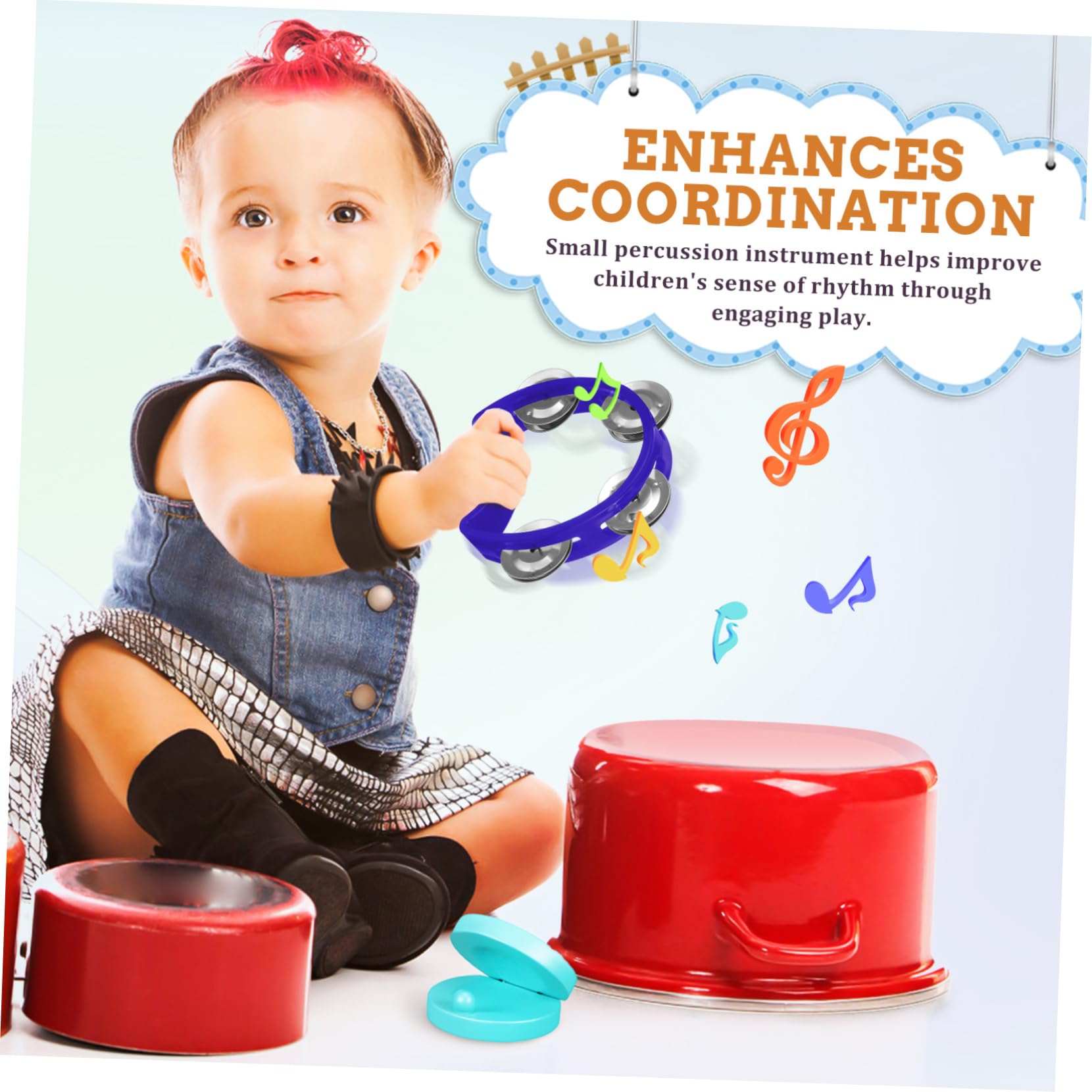 Tamburello Percussione a Mezza Forma 7 Pezzi in Plastico per Bambini