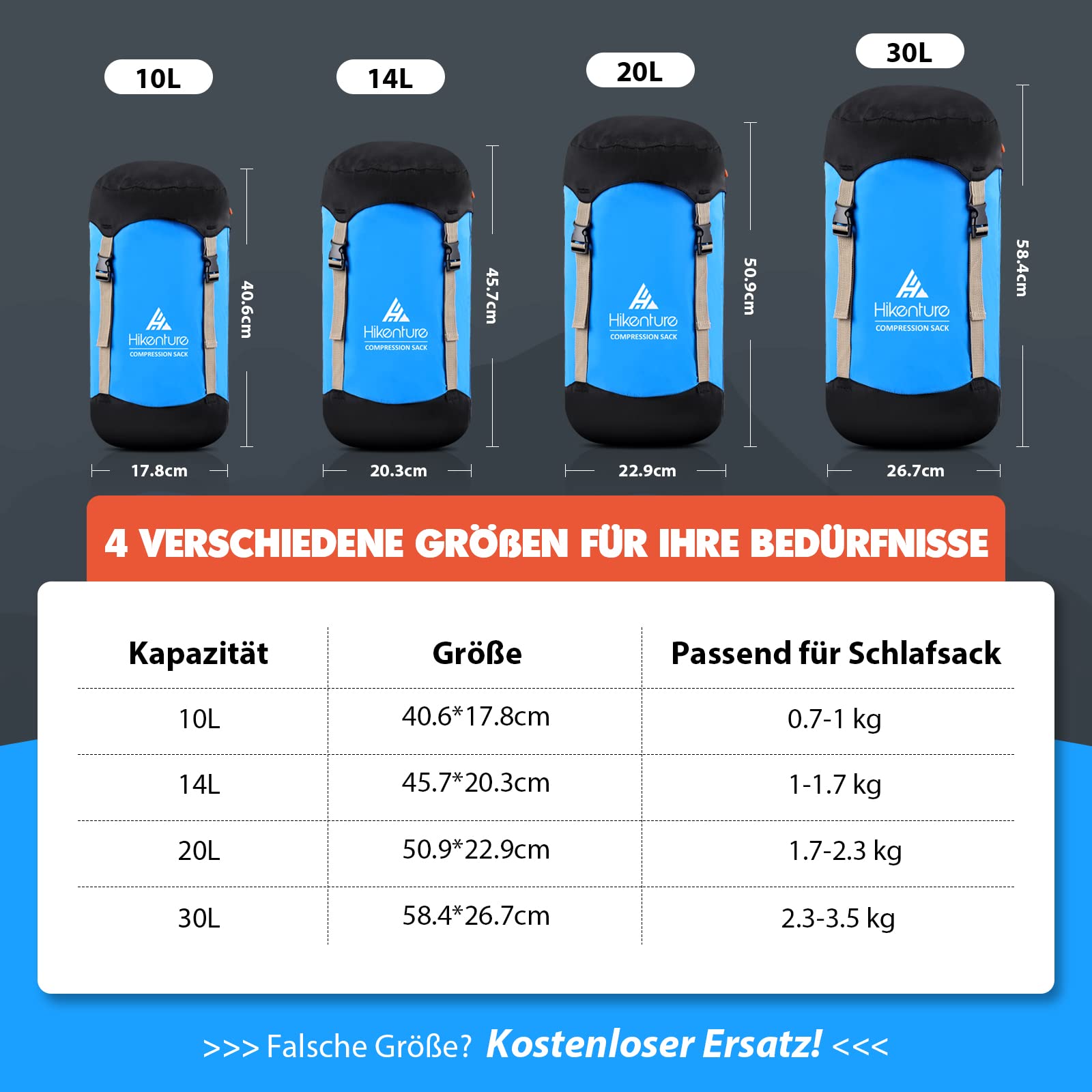 HIKENTURE Worek kompresyjny 10L/14L/20L/30L, 50% więcej miejsca do przechowywania Wodoodporny i ultralekki torba do przechowywania na kemping, do śpiwora.