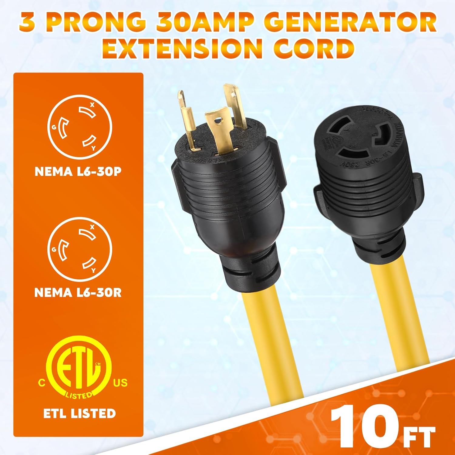 Tellegloww NEMA L6-30 Generator Extension Cord, NEMA L6-30P Male Plug to L6-30R Female Receptacle 3 Prong 30 Amp Generator Locking Power Cord, 3x12 Gauge, 250volt 7500watts Power Cable(10ft)