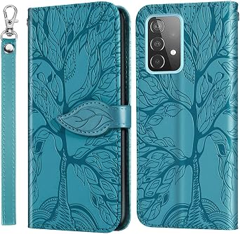 Compatible with Samsung Galaxy A52 5G Wallet Case, Galaxy A52 5G Case Leather with Card Holder Magnetic Kickstand Wrist Strap Flip Shockproof Case for Samsung Galaxy A52 5G Life Tree Blue
