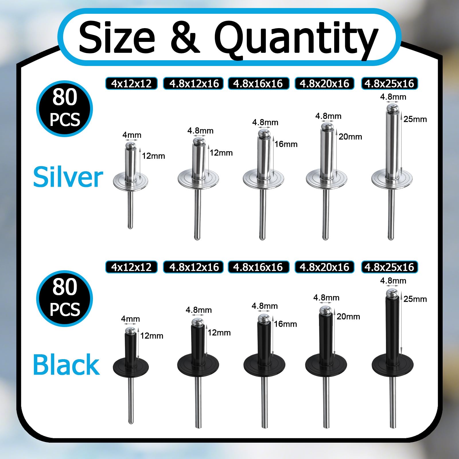 80 Pezzi Rivetti Ciechi in Alluminio con Flangia Grande Nero 4x12mm Rivetto Cieco in Alluminio-per Lavorazione Del Legno, Lamiera, Industriale