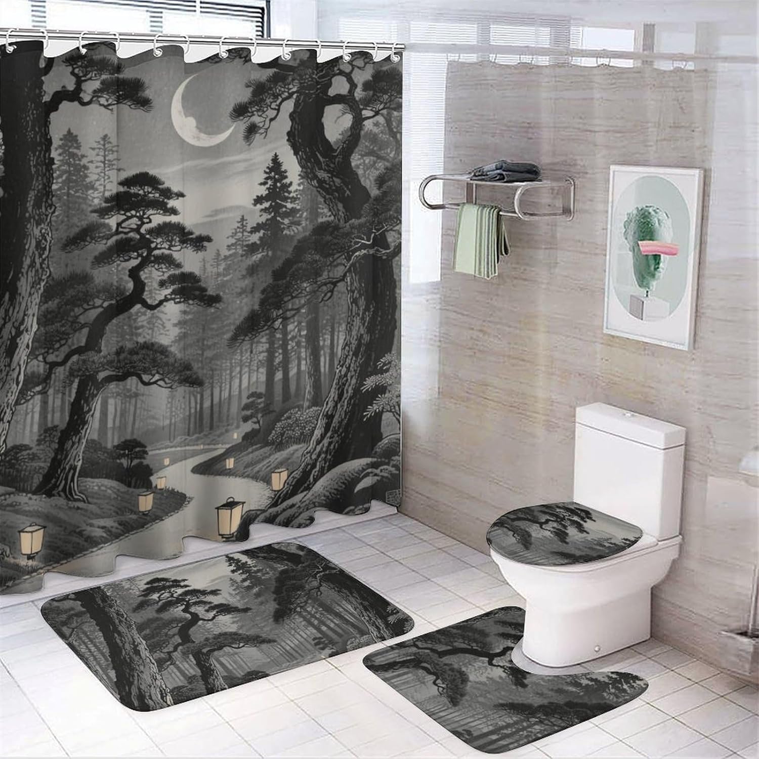 Black Forest Japanese Moon Shower Curtain Set 4 Piece, Non-Slip Bath Mat with Toilet Lid Cover and Waterproof Shower Curtain with 12 Hooks, Complete Bathroom Set for Home Decor