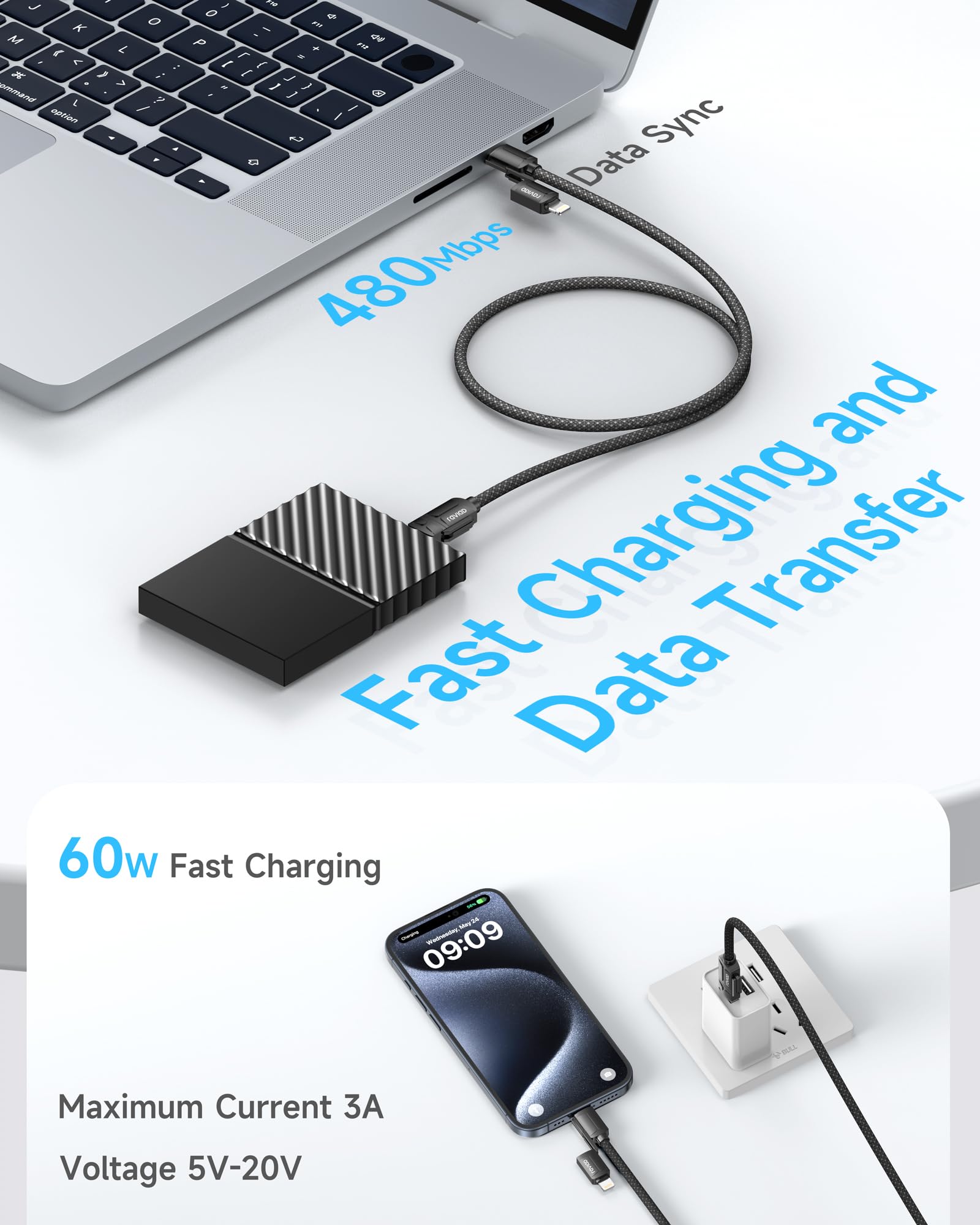 RAVIAD Multi Cavo di Ricarica [1M] 4 in 1 Multiplo Cavetto 60W PD con USB C/A a Lightning, USB C/A a Tipo C interfaccia Cavo USB di Ricarica per Google Pixel, Galaxy S24/S23, iPhone 16/15, Honor-Nero