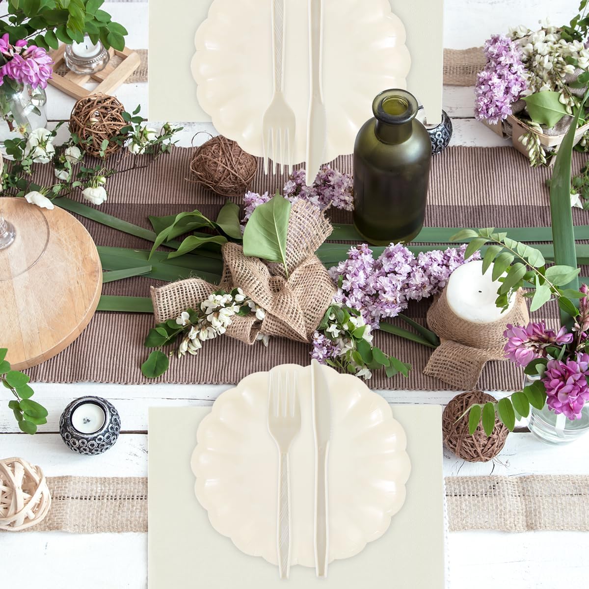 168Pcs Party Plates and Cups and Napkins Sets for 24 Guest Scalloped Paper Plates and Napkins Knives Spoons Forks Cups Disposable Party Set Cutlery for Dinner Baby Shower Wedding Favor(Cream White)