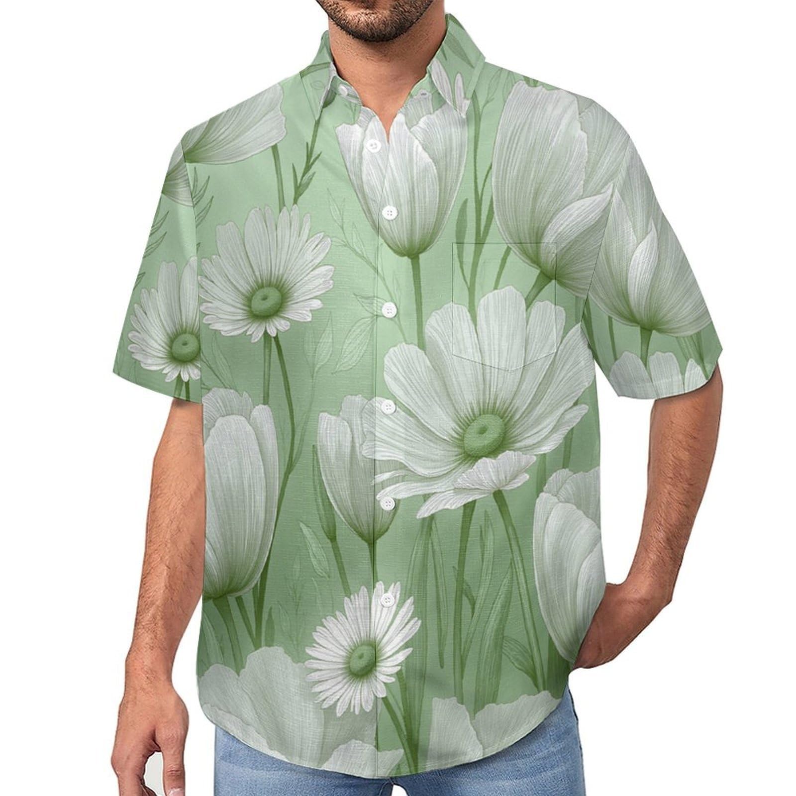 Camicia da Uomo a Maniche Corte con Bottoni, Stile Fiori Dipinti A Mano con Stampa Tulipani Margherite, vestibilità Regolare, Camicie da Spiaggia Estiva Hawaiano, Aloha
