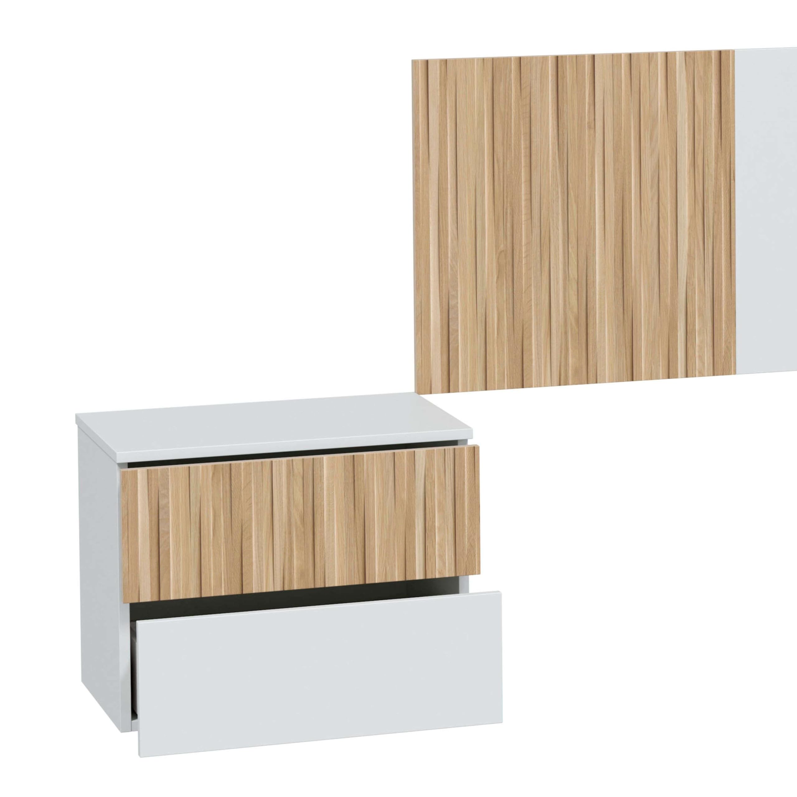 Habitdesign Cabezal + 2 Mesitas, 266x91x34 (AnchoxAltoxFondo-en cm), Color Blanco Artik y Natur, Cabezal Reversible y 2 Mesitas, Modelo Ethna