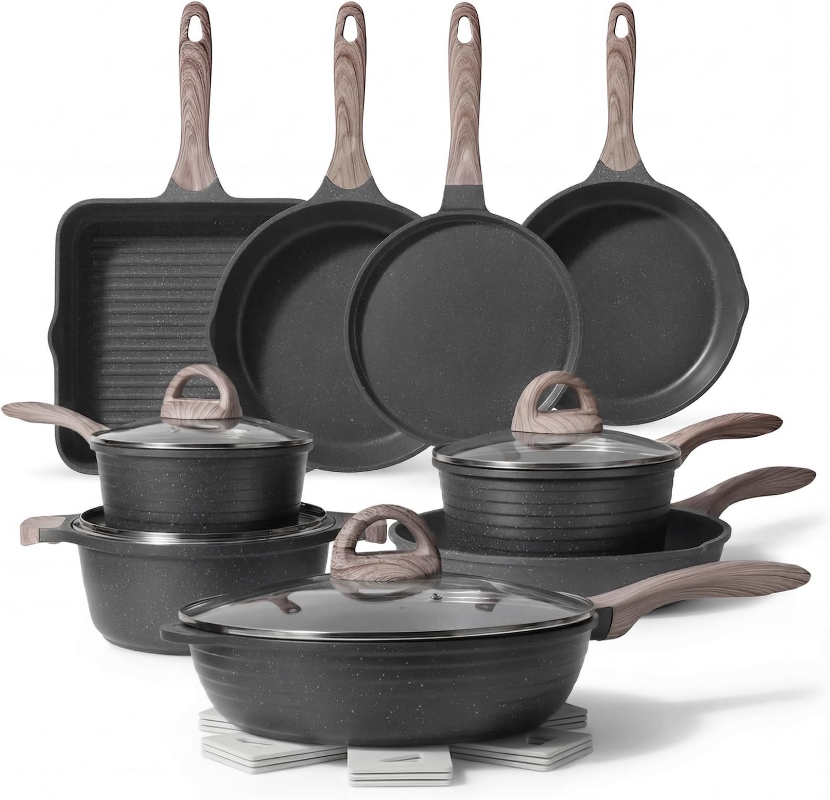 Pots and Pans Set Non Stick 23pcs, Healthy Kitchen Cookware Sets, Induction Cooking Set W/Gray Frying Pans, Saucepans, Sauté & Griddle & Crepe Pan (PFOA, PFAS, PFOS Free)